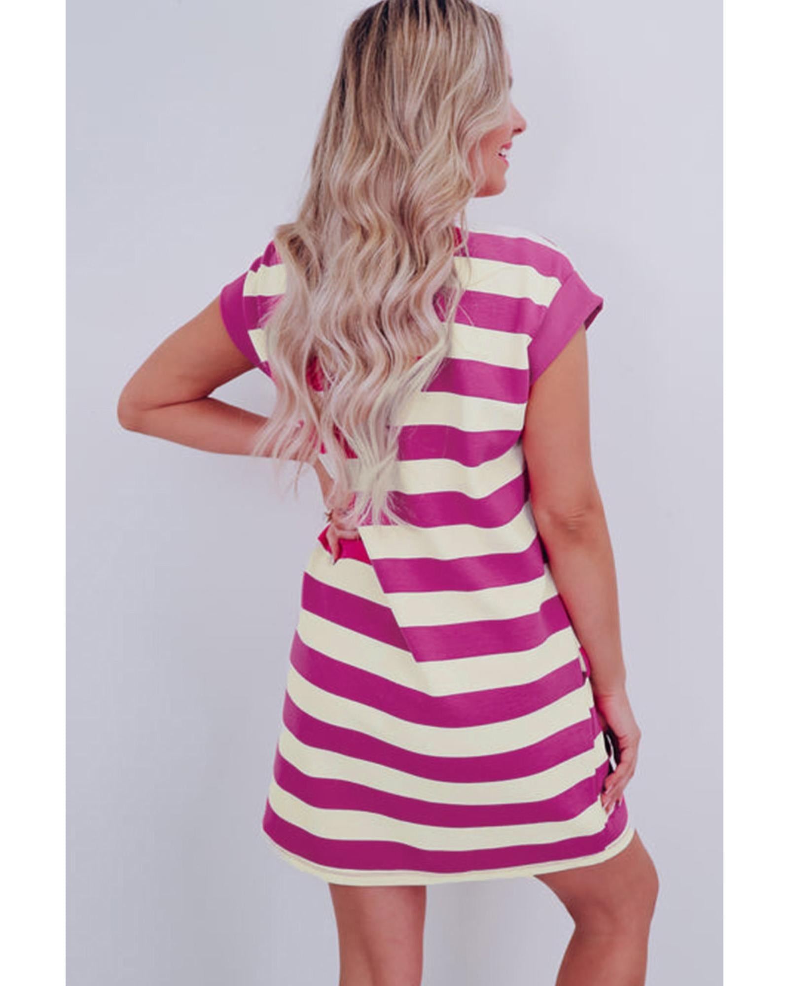 Rose Stripe Cap Sleeve Pocketed Shift T-shirt Dress - L