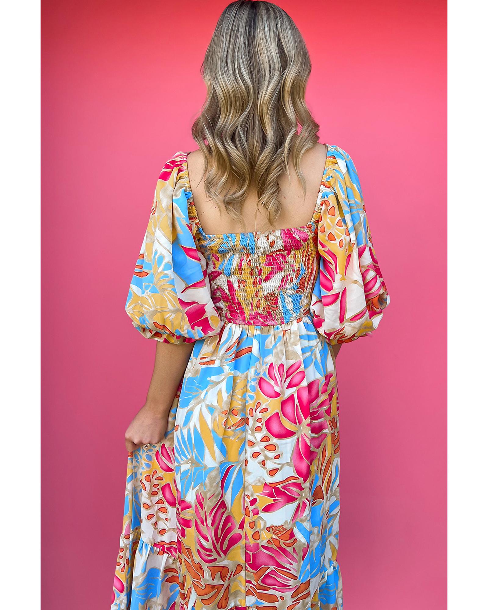 Rose Red Tropical Print Smocked Bodice Puff Sleeve Maxi Dress - L
