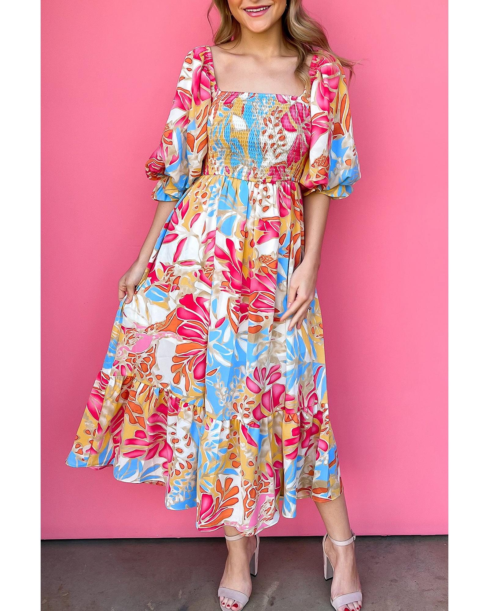 Rose Red Tropical Print Smocked Bodice Puff Sleeve Maxi Dress - L