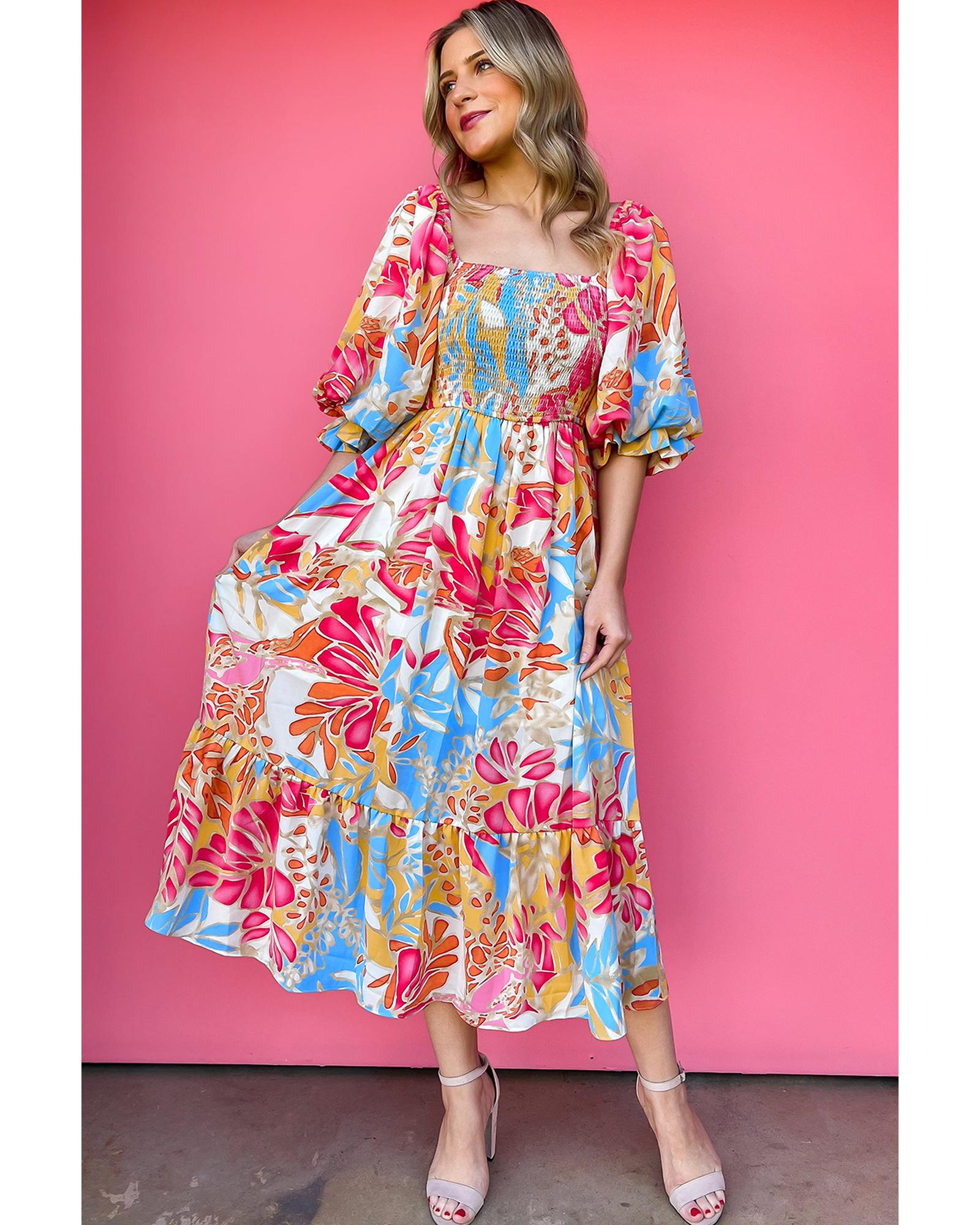 Rose Red Tropical Print Smocked Bodice Puff Sleeve Maxi Dress - L