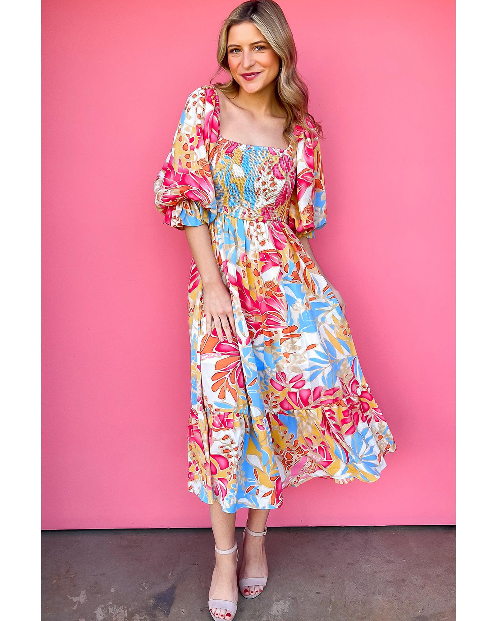 Rose Red Tropical Print Smocked Bodice Puff Sleeve Maxi Dress - L