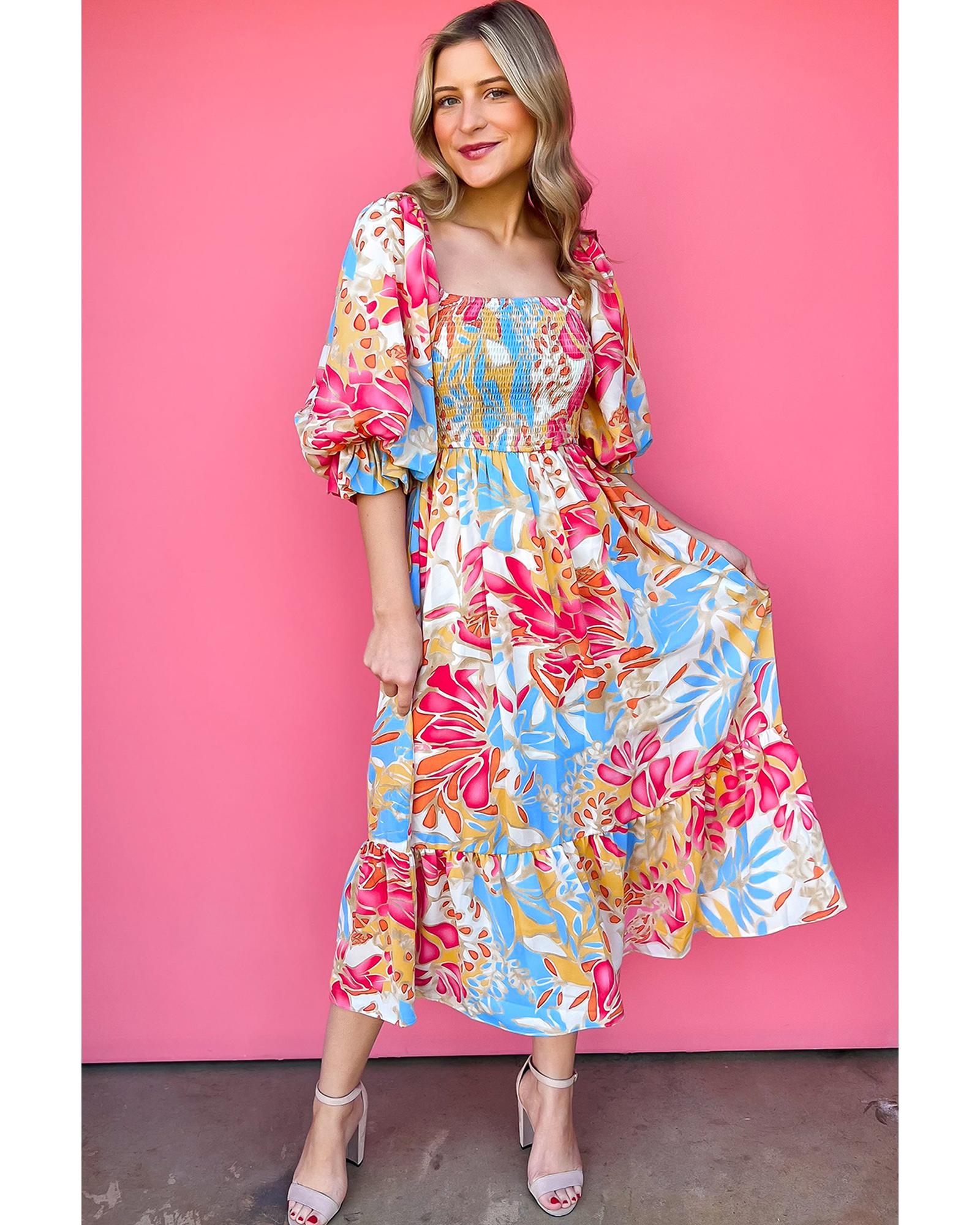 Rose Red Tropical Print Smocked Bodice Puff Sleeve Maxi Dress - L