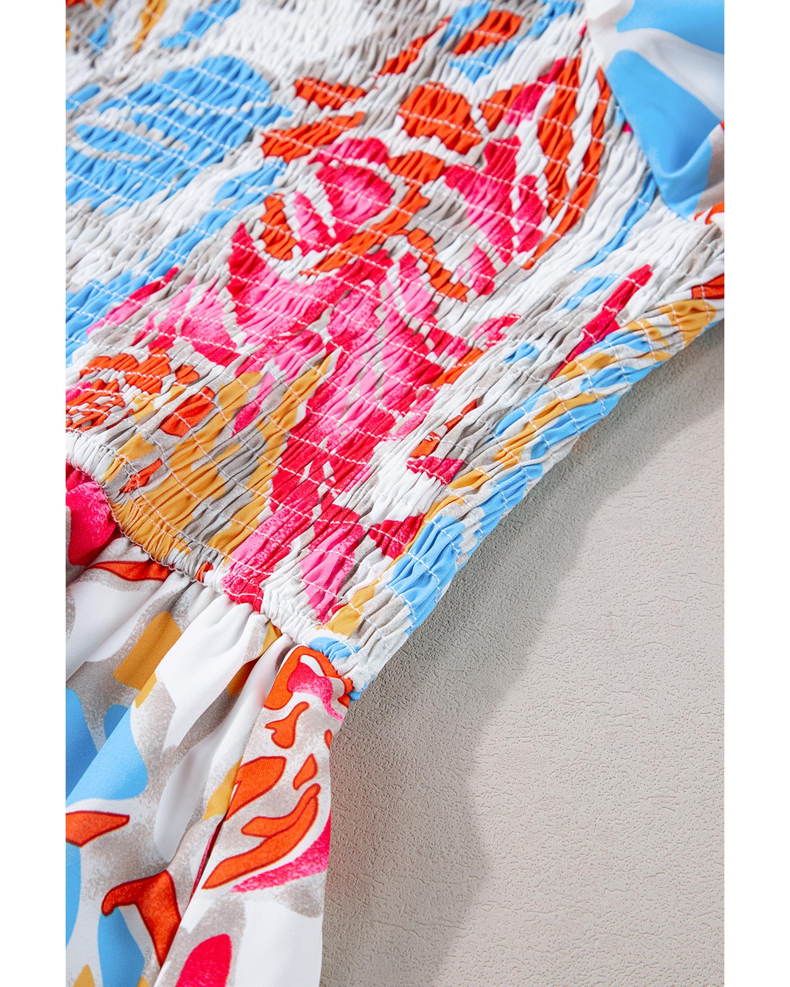 Rose Red Tropical Print Smocked Bodice Puff Sleeve Maxi Dress - L