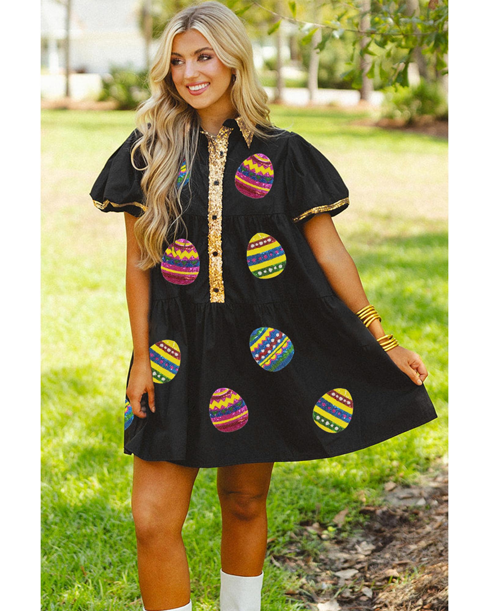Black Glistening Easter Egg Sequin Trim Half Button Puff Sleeve Dress - S