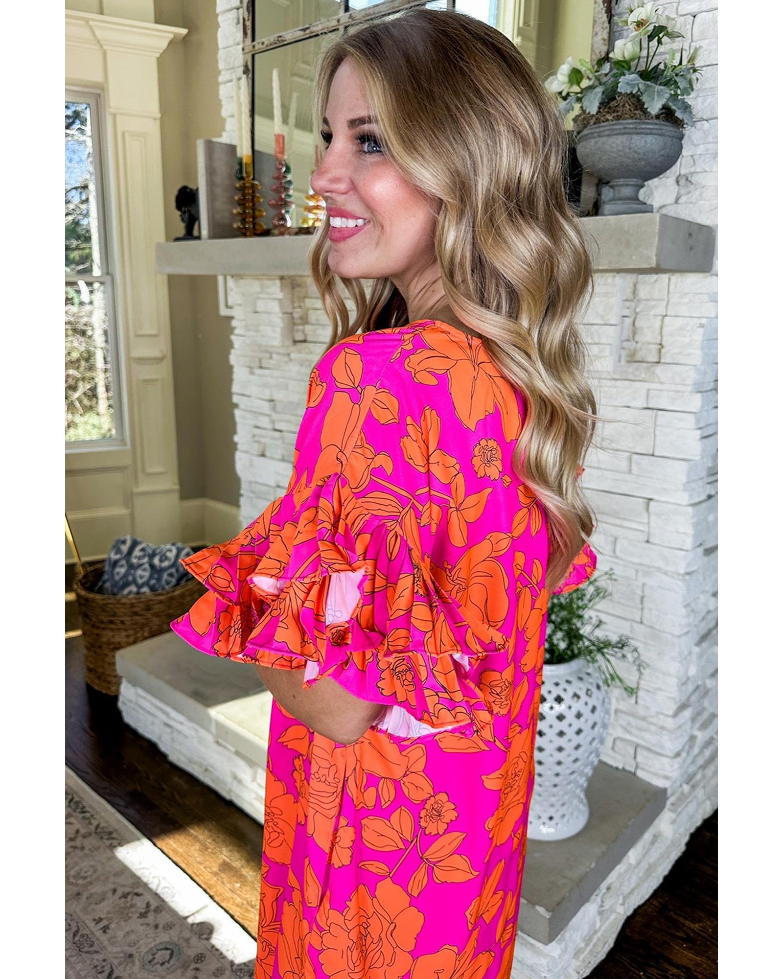 Pink Voluminous Ruffled Sleeve Floral Dress - S