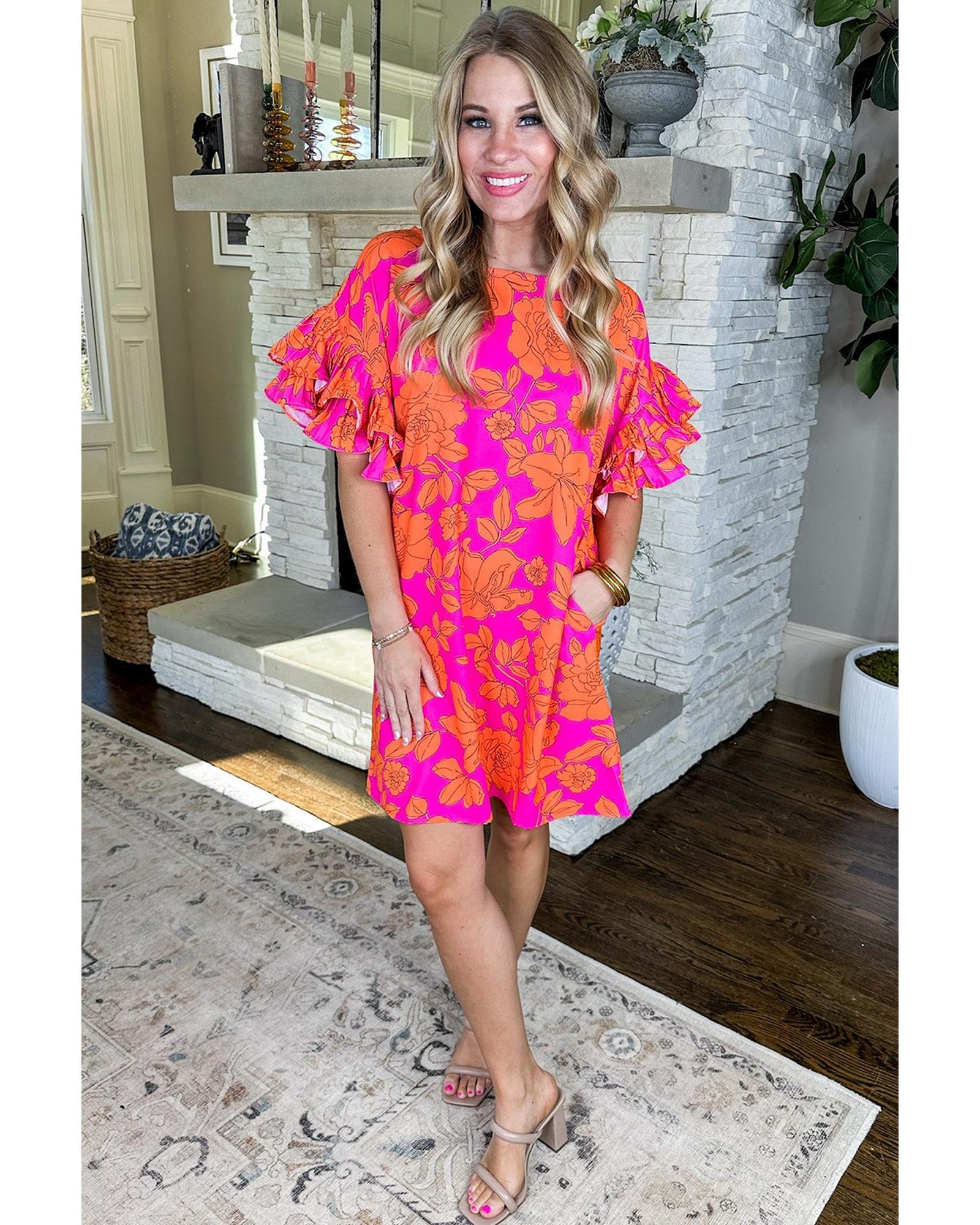 Pink Voluminous Ruffled Sleeve Floral Dress - XL