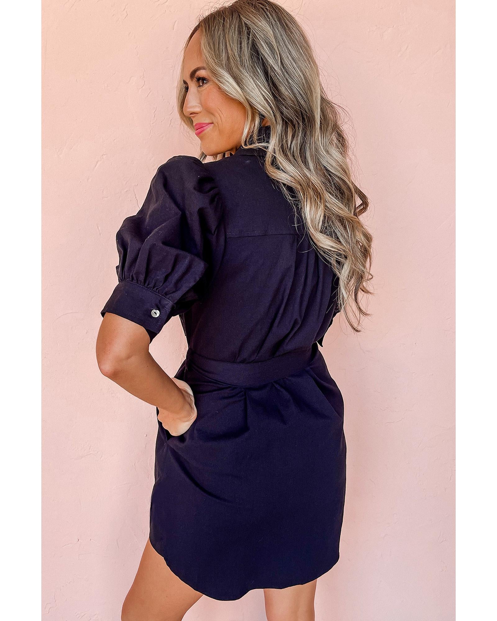Black Button Up Tie Waist Puff Sleeve Mini Dress - M
