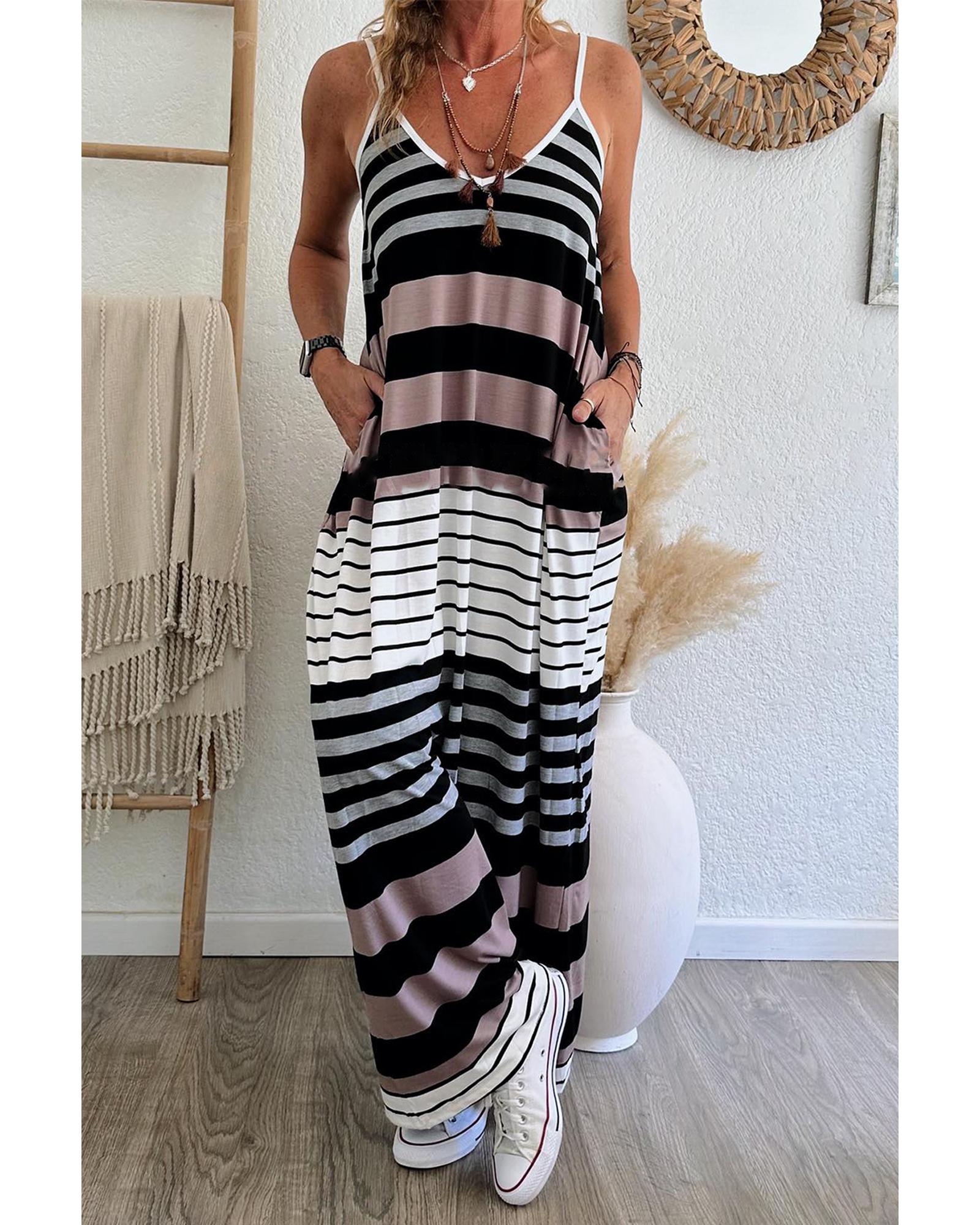 Multicolour Mixed Stripes Spaghetti Straps V Neck Maxi Dress - L