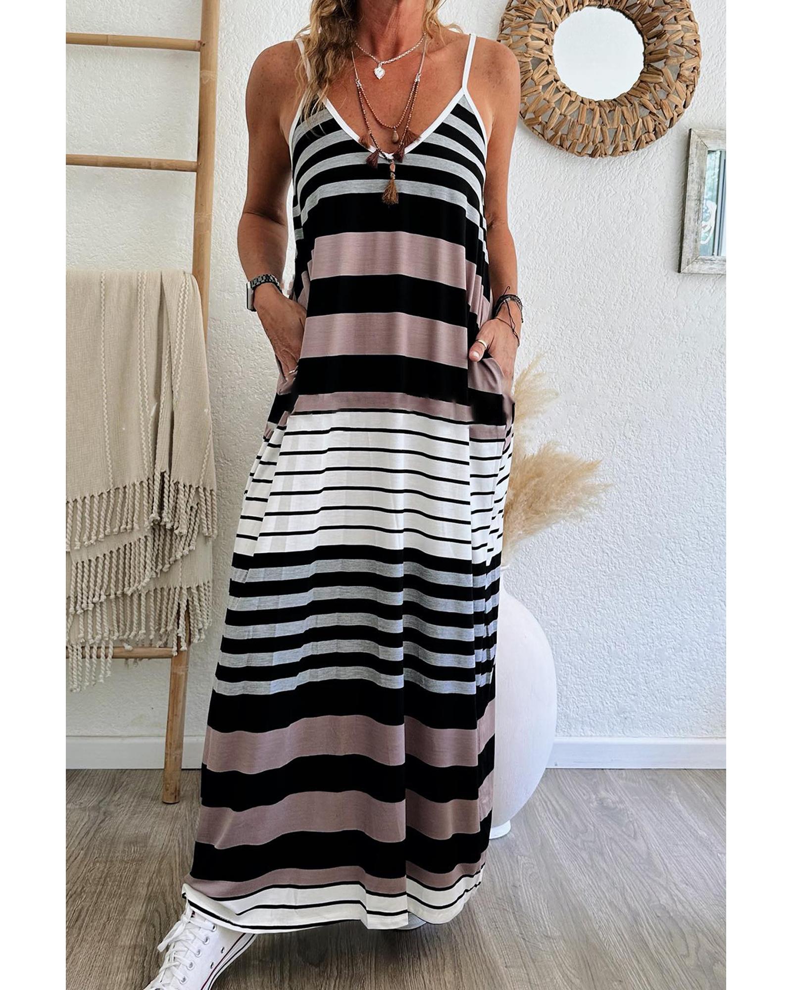 Multicolour Mixed Stripes Spaghetti Straps V Neck Maxi Dress - S