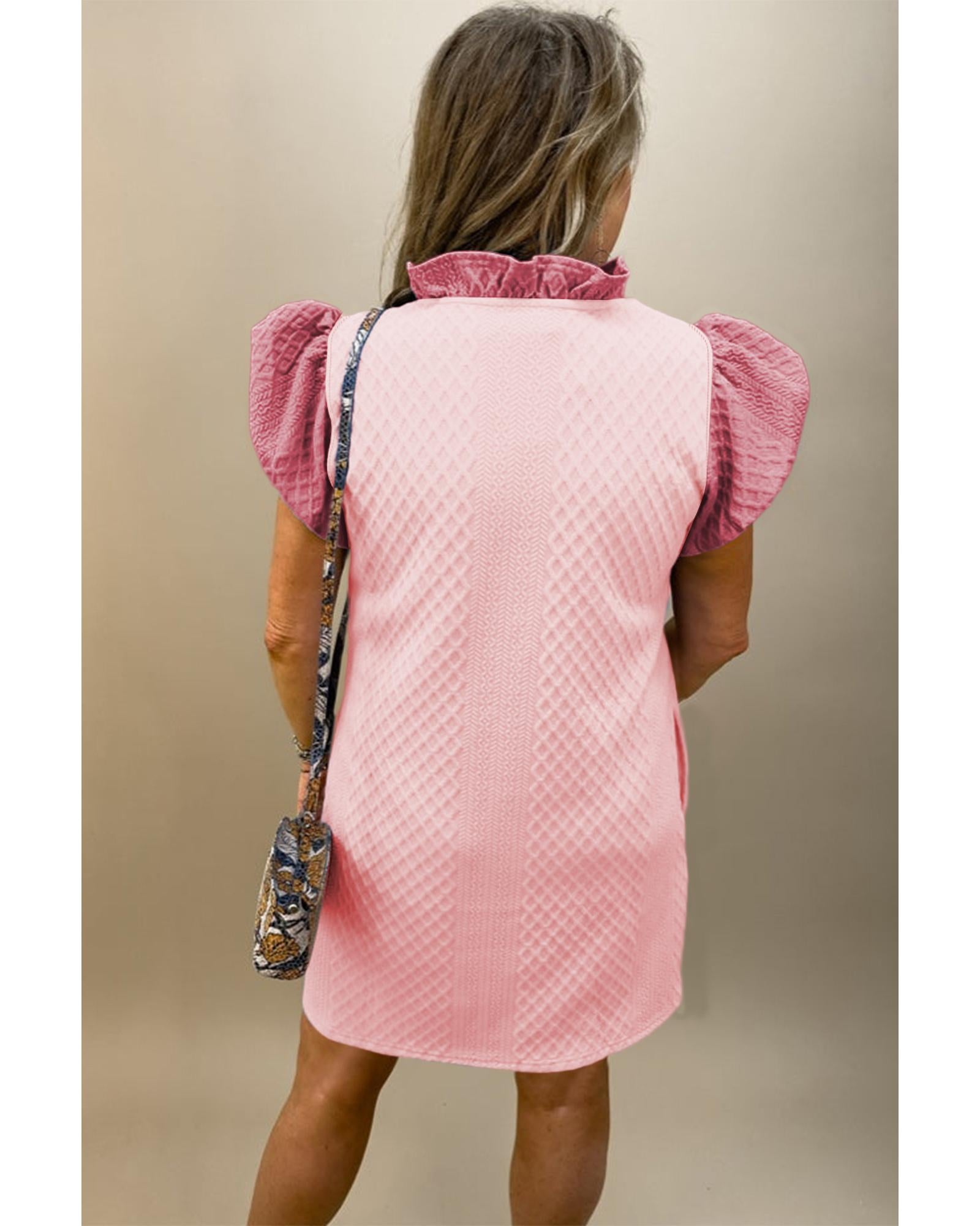 Light Pink Textured Puff Sleeve Ruffled V Neck Shift Mini Dress - L