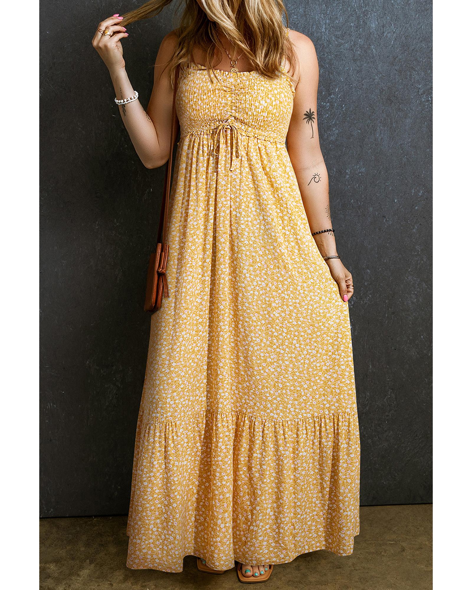 Yellow Frilly Smocked High Waist Floral Maxi Dress - M