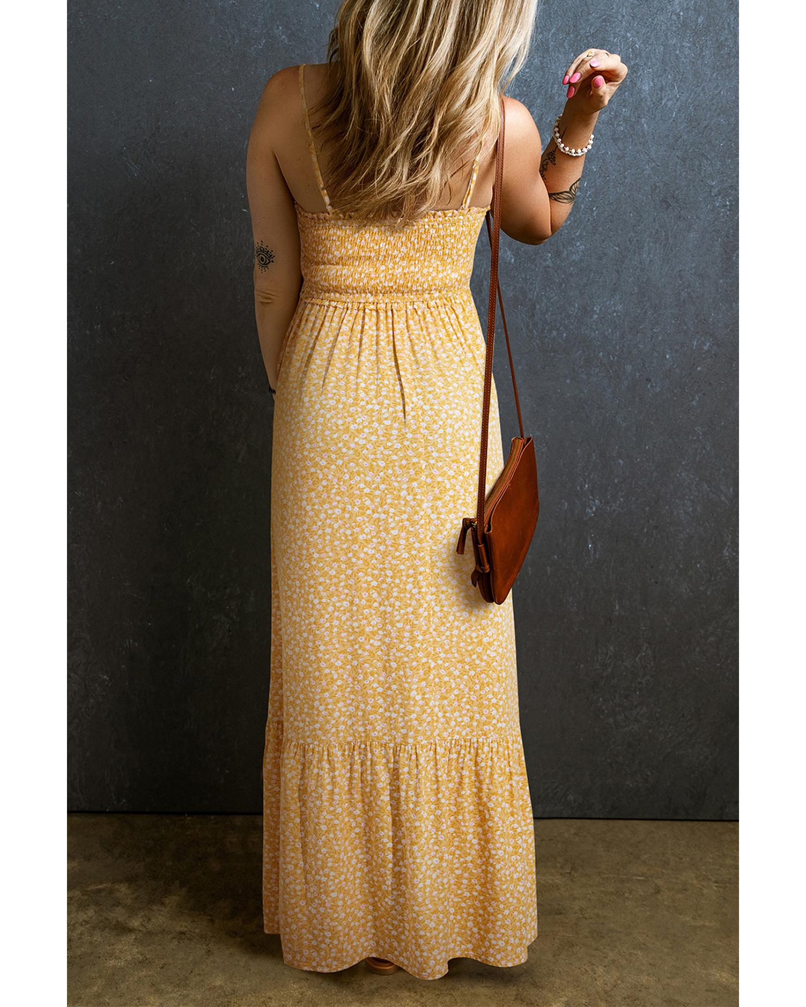 Yellow Frilly Smocked High Waist Floral Maxi Dress - M
