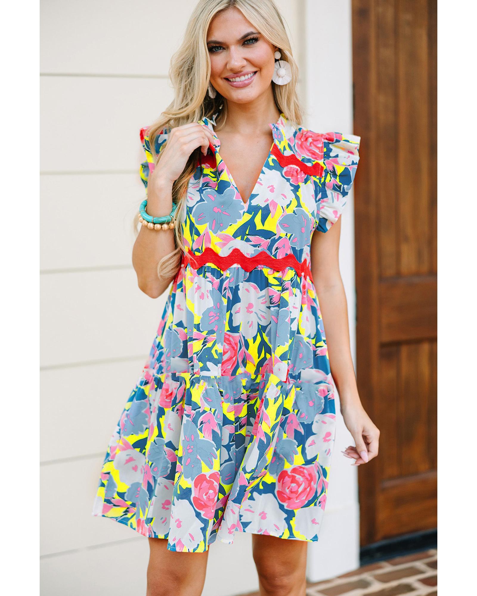 Sky Blue Floral Printed V Notched Ric Rac Flutter Sleeve Dress - XL