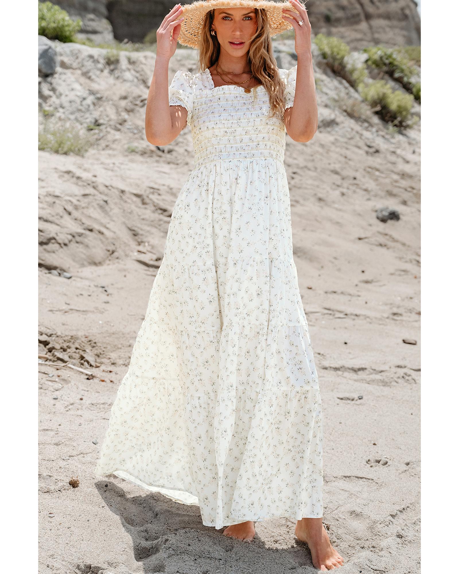 White Frilly Shirred Bodice Tiered Floral Maxi Dress - L