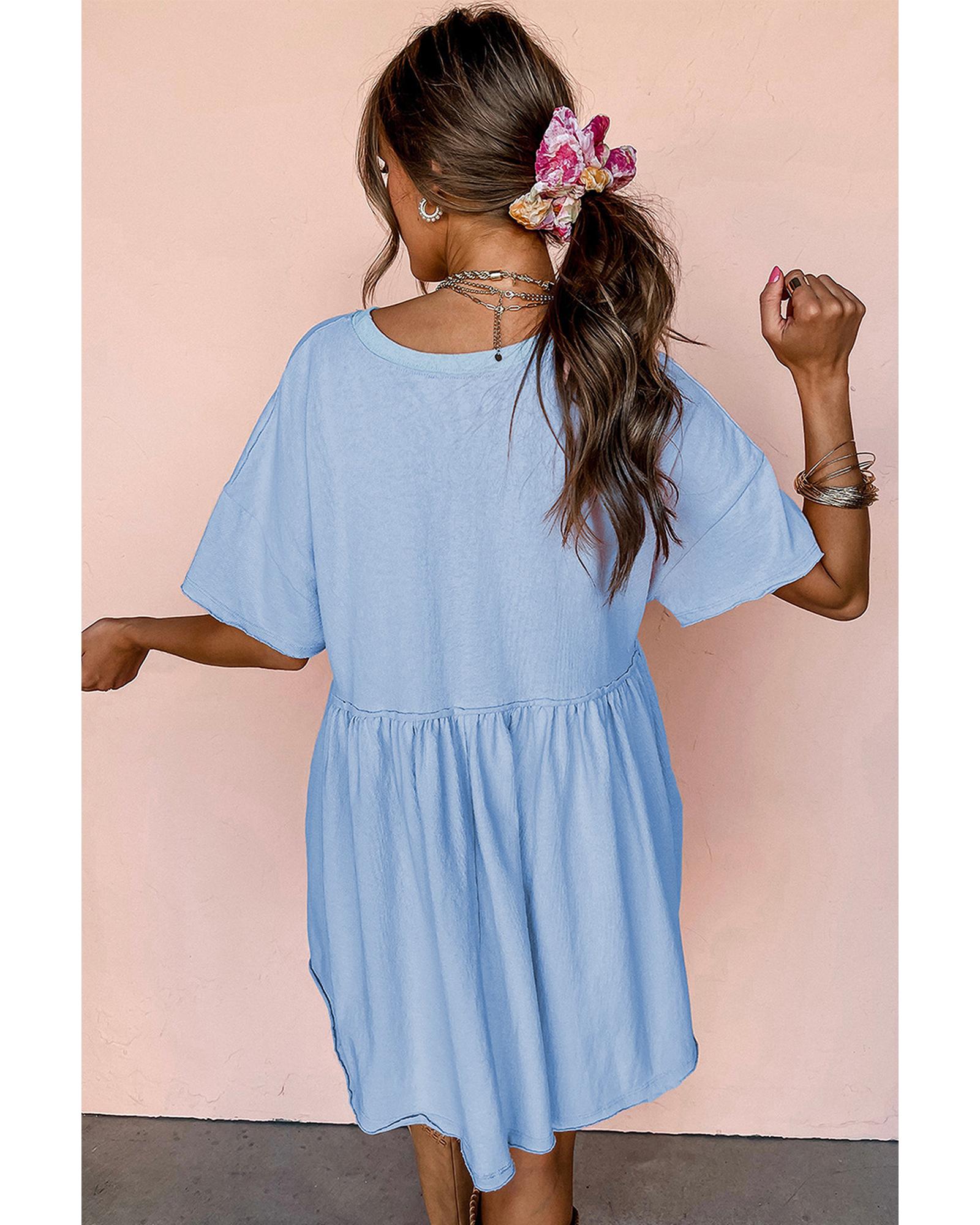Sky Blue Solid Color Pocketed Raw Edge Babydoll Dress - XL