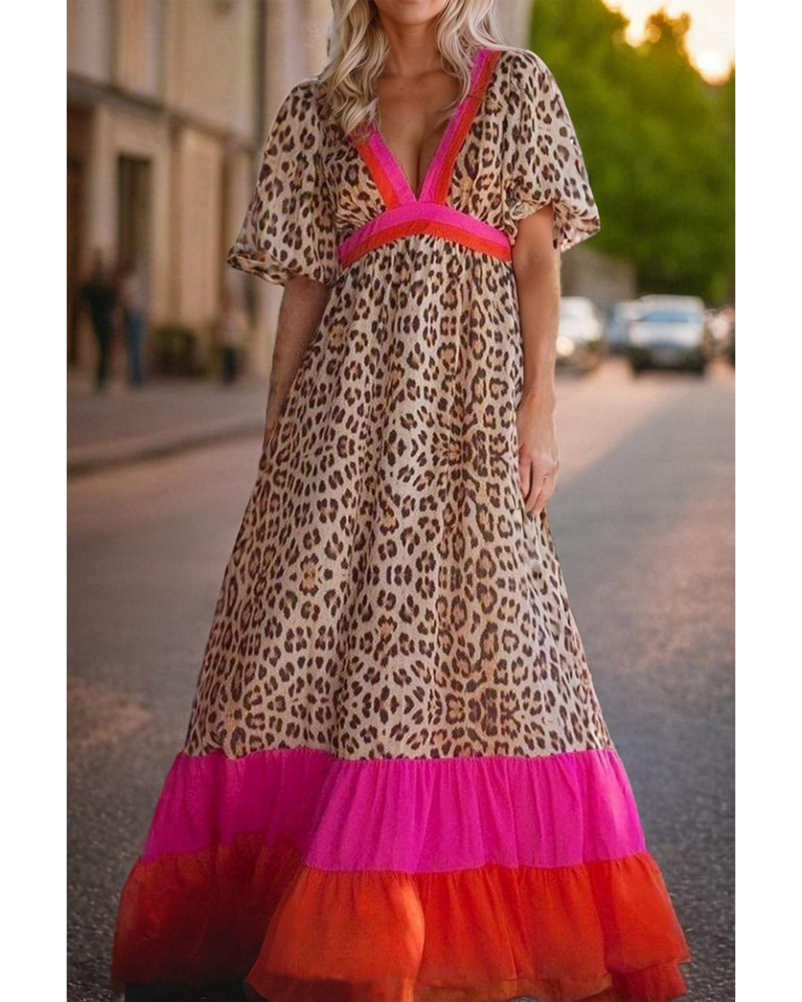 Bright Pink Leopard Colorblock Patchwork Bubble Sleeve Maxi Dress - M