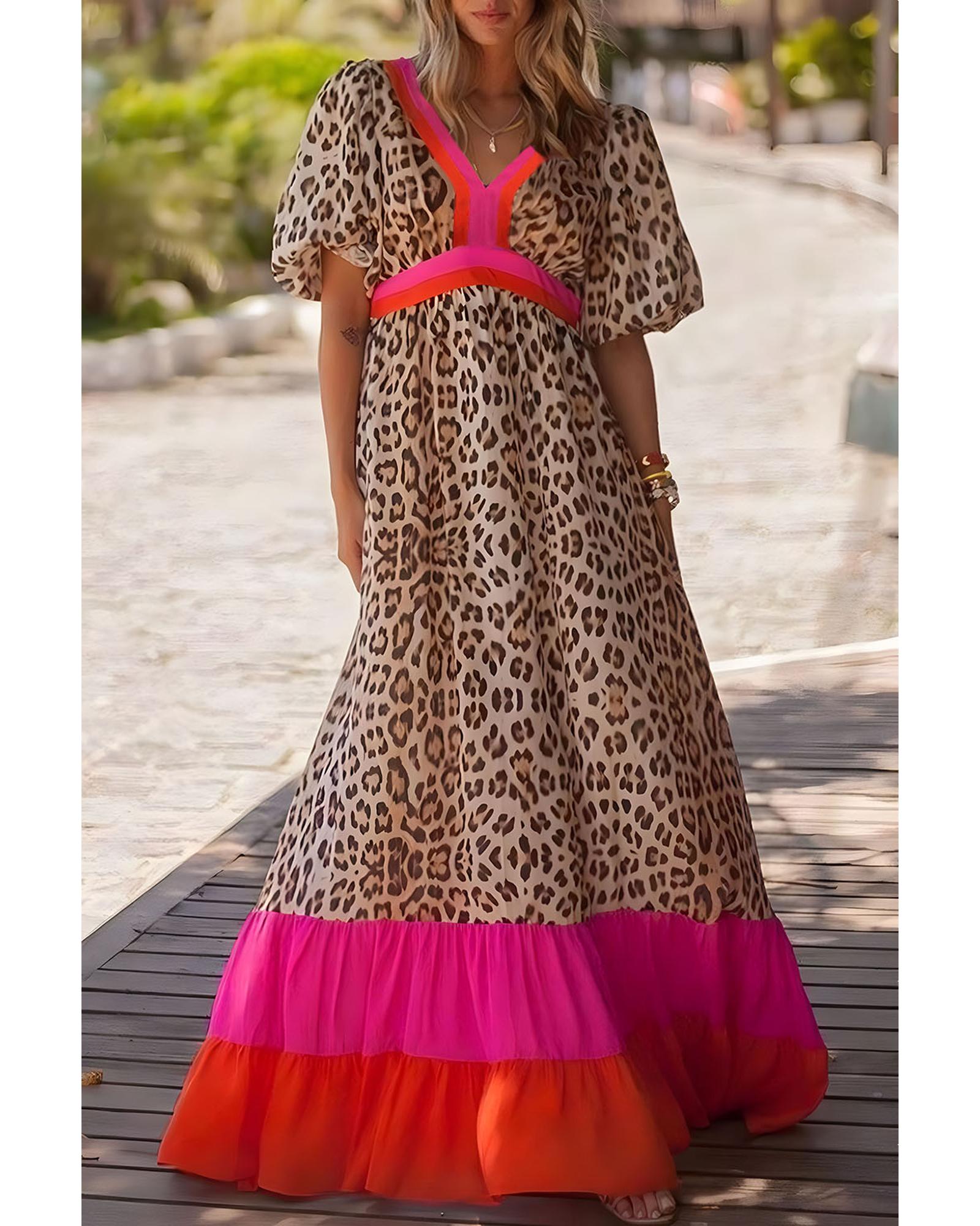 Bright Pink Leopard Colorblock Patchwork Bubble Sleeve Maxi Dress - S