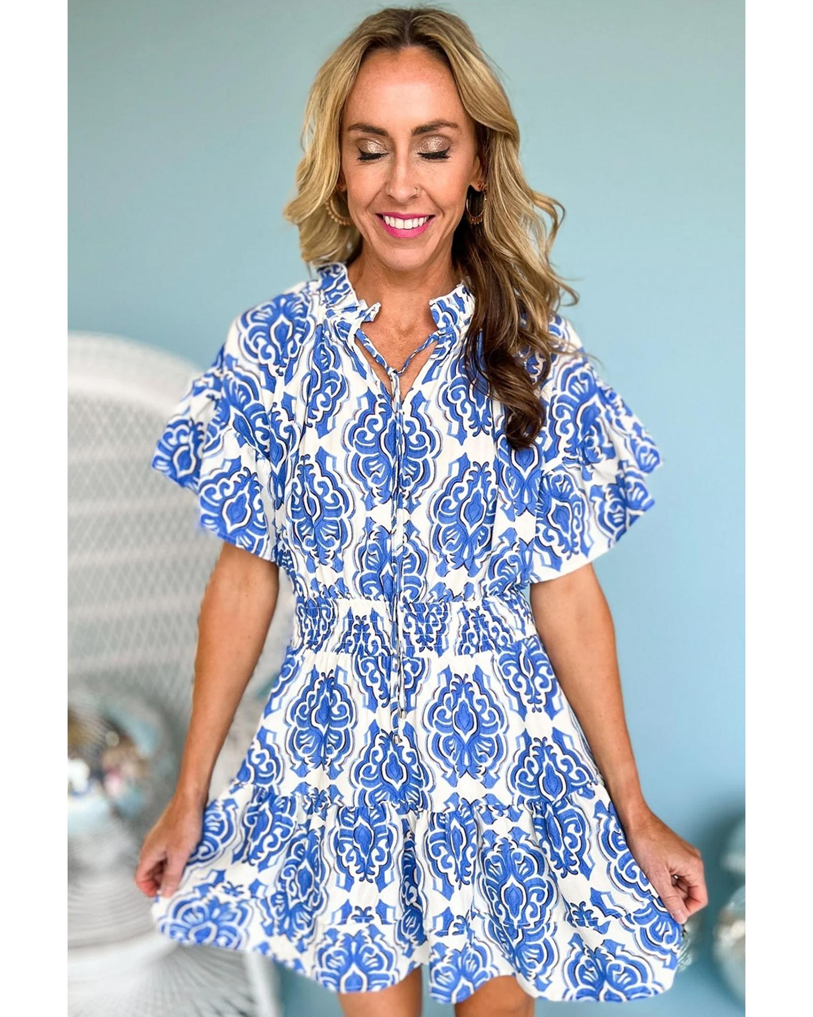 Ashleigh Blue Vintage Floral Print Wide Ruffled Sleeve Dress - XL