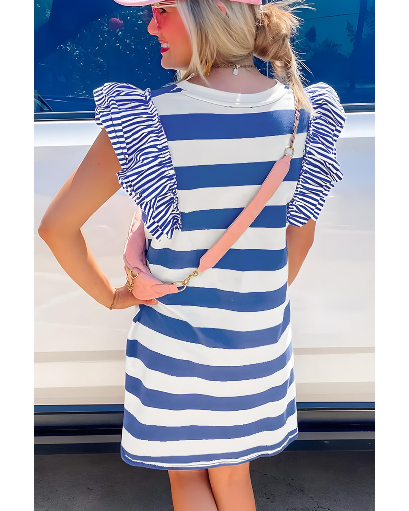 Sky Blue Stripe Contrast Ruffled Sleeve T-shirt Dress - S