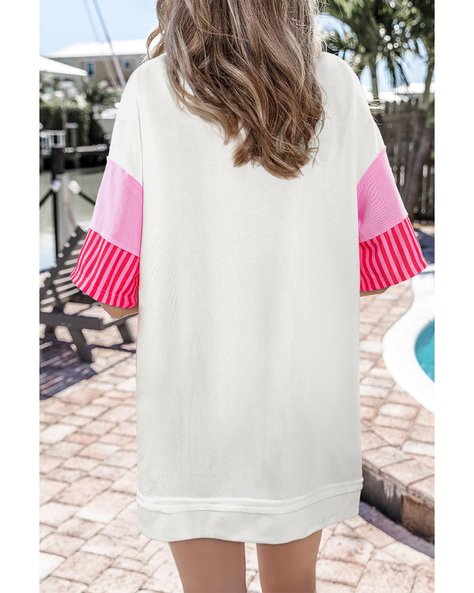 White Stripe Colorblock Patchwork Short Sleeve T Shirt Dress - L
