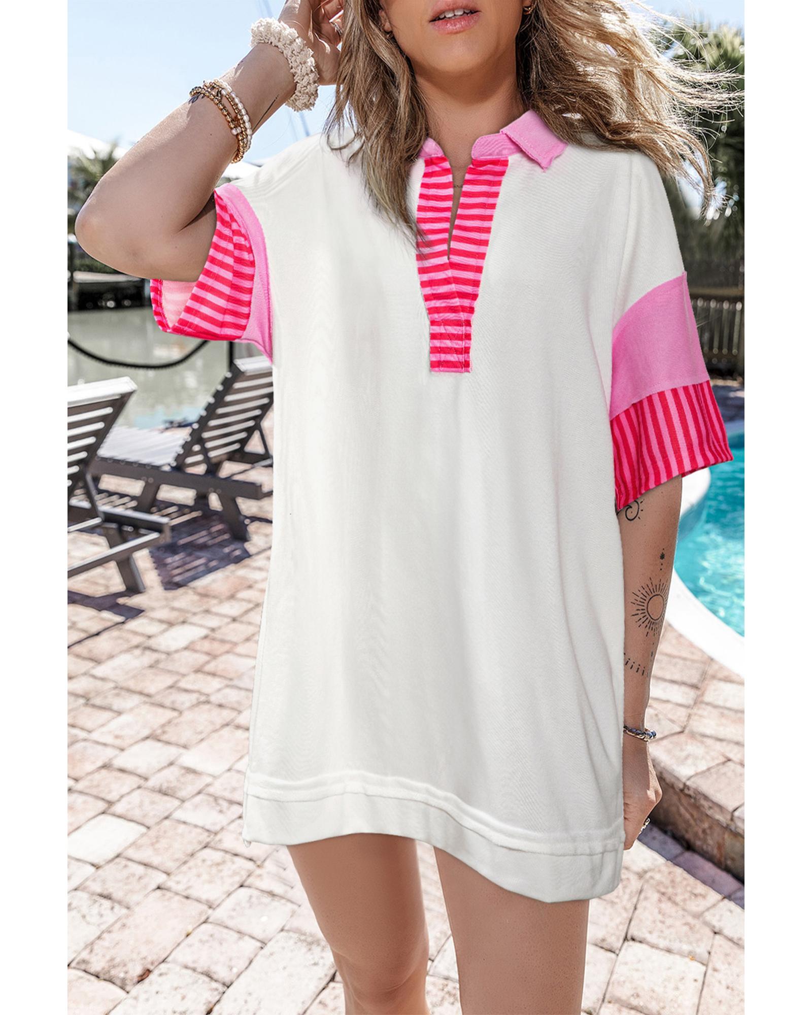 White Stripe Colorblock Patchwork Short Sleeve T Shirt Dress - XL