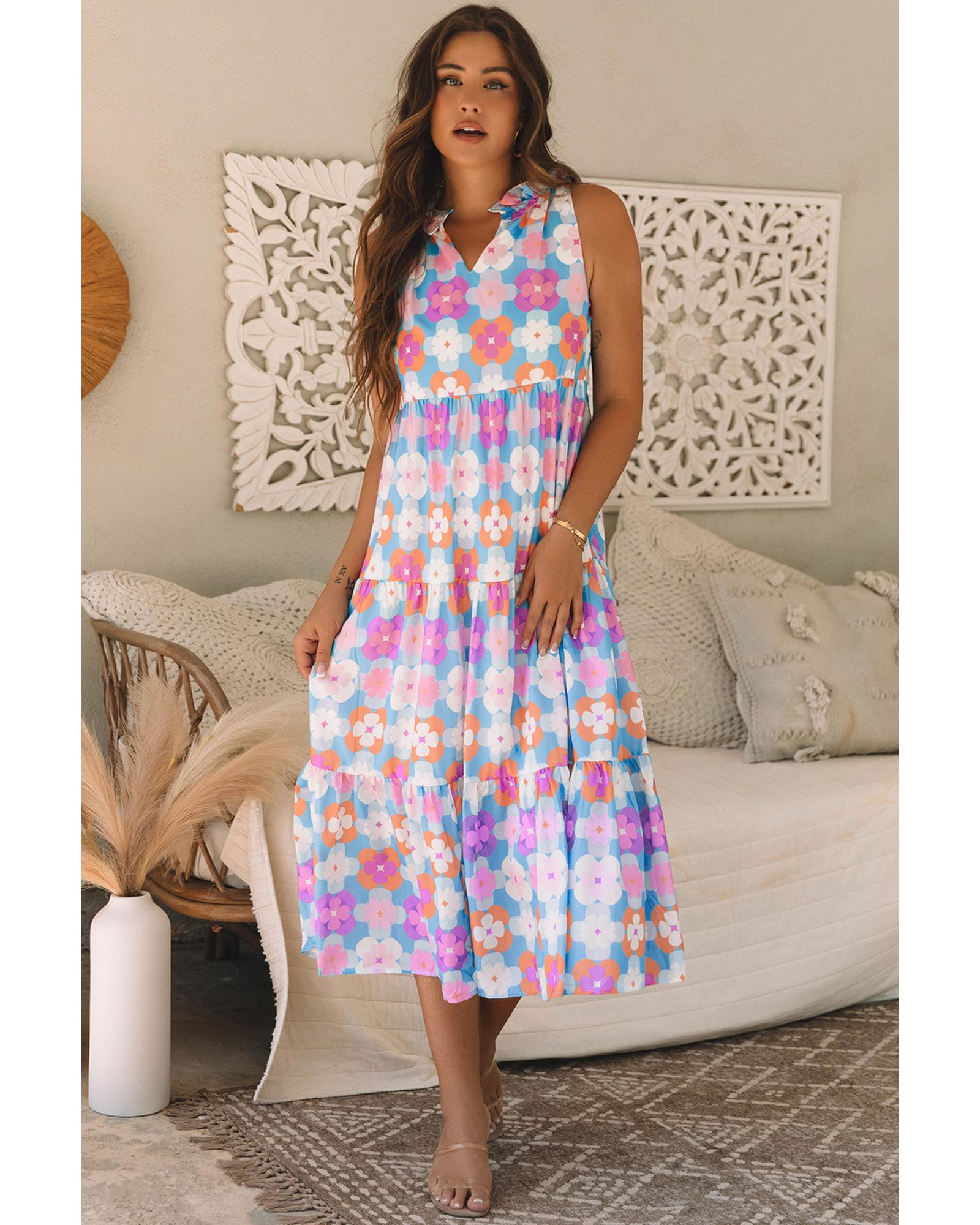 Sky Blue Floral Print Frilly Neck Sleeveless Tiered Maxi Dress - L