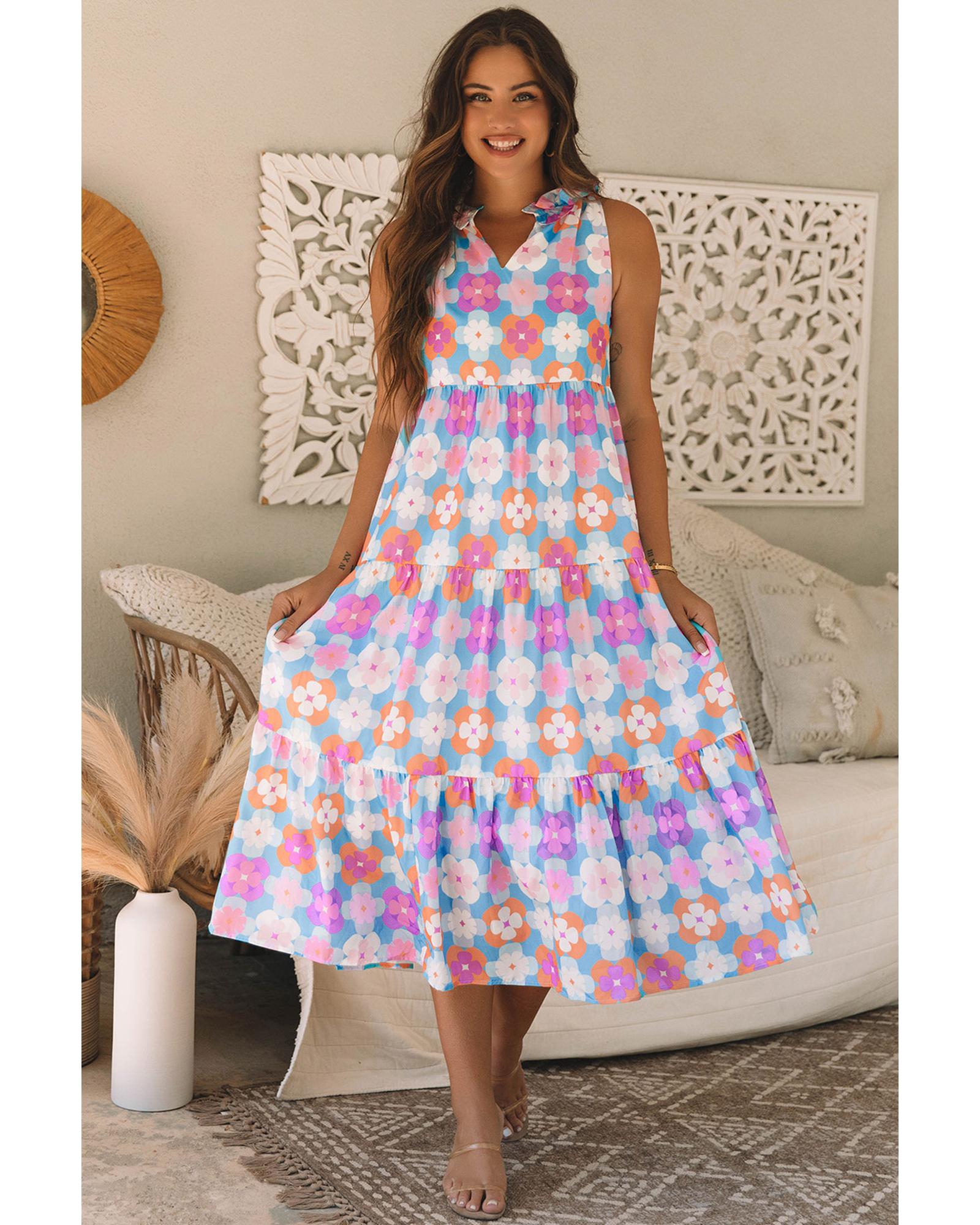 Sky Blue Floral Print Frilly Neck Sleeveless Tiered Maxi Dress - M