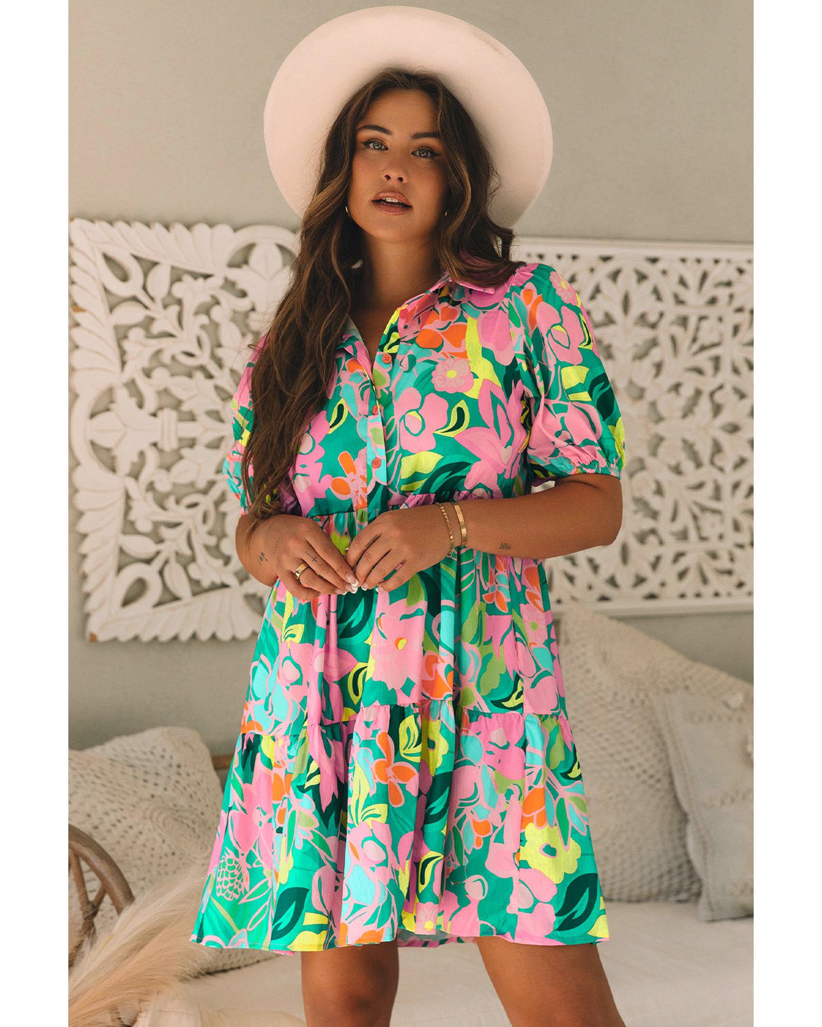 Green Floral Puff Sleeve Collar Buttoned Babydoll Dress - L