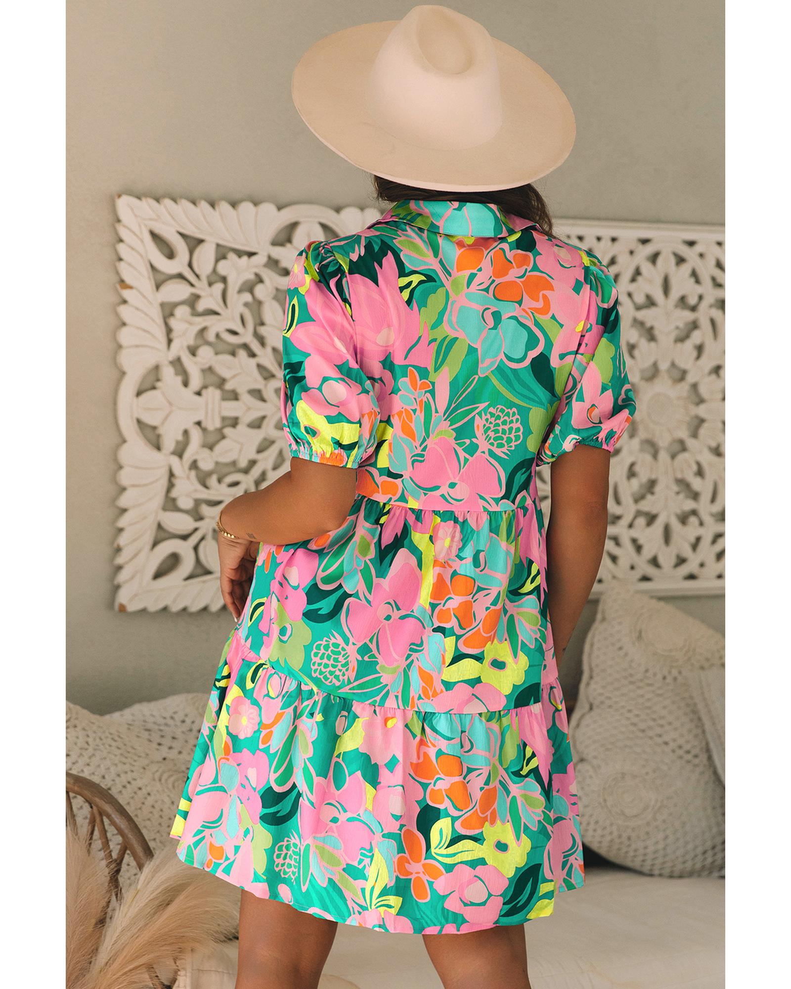 Green Floral Puff Sleeve Collar Buttoned Babydoll Dress - S