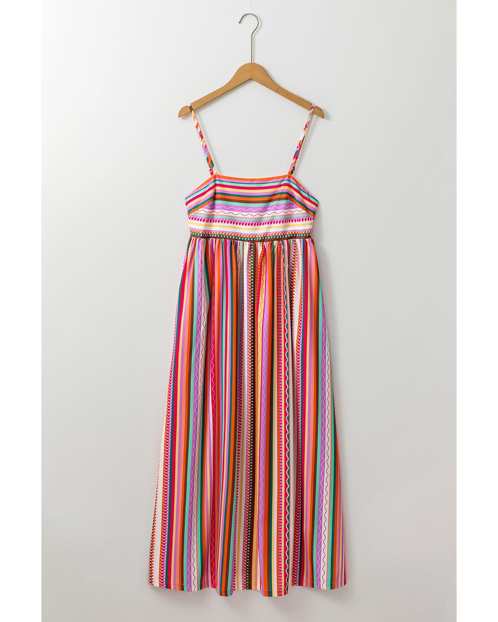 Multicolour Striped Thin Straps Smocked Back Boho Maxi Dress - L