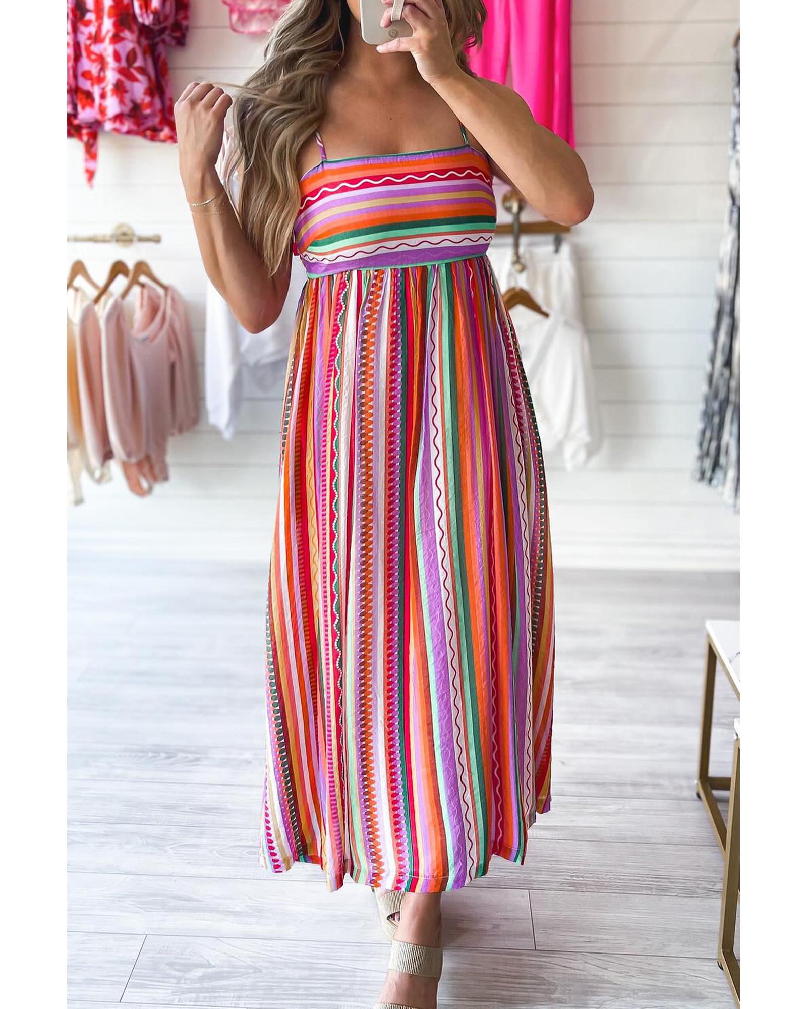 Multicolour Striped Thin Straps Smocked Back Boho Maxi Dress - L