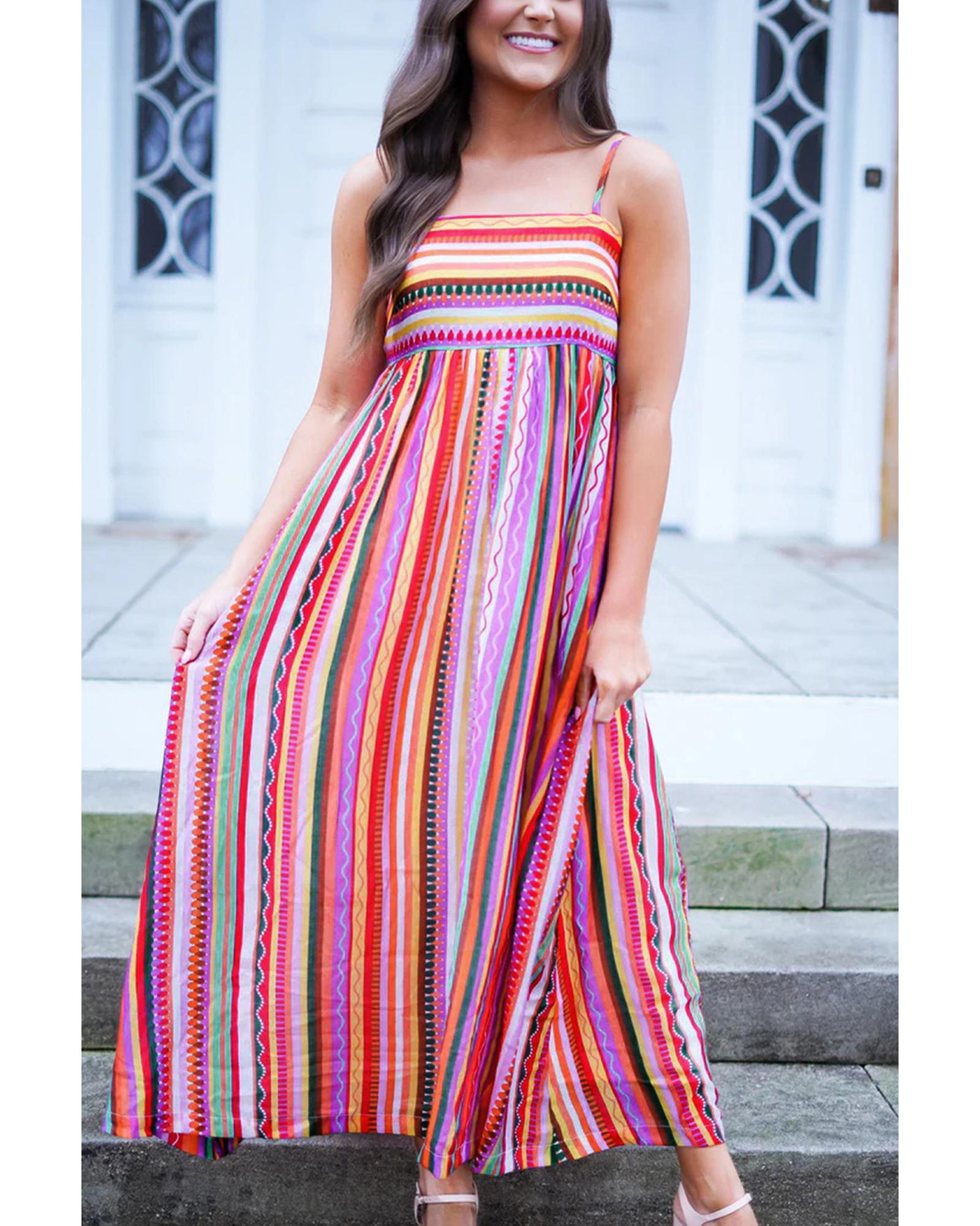 Multicolour Striped Thin Straps Smocked Back Boho Maxi Dress - L
