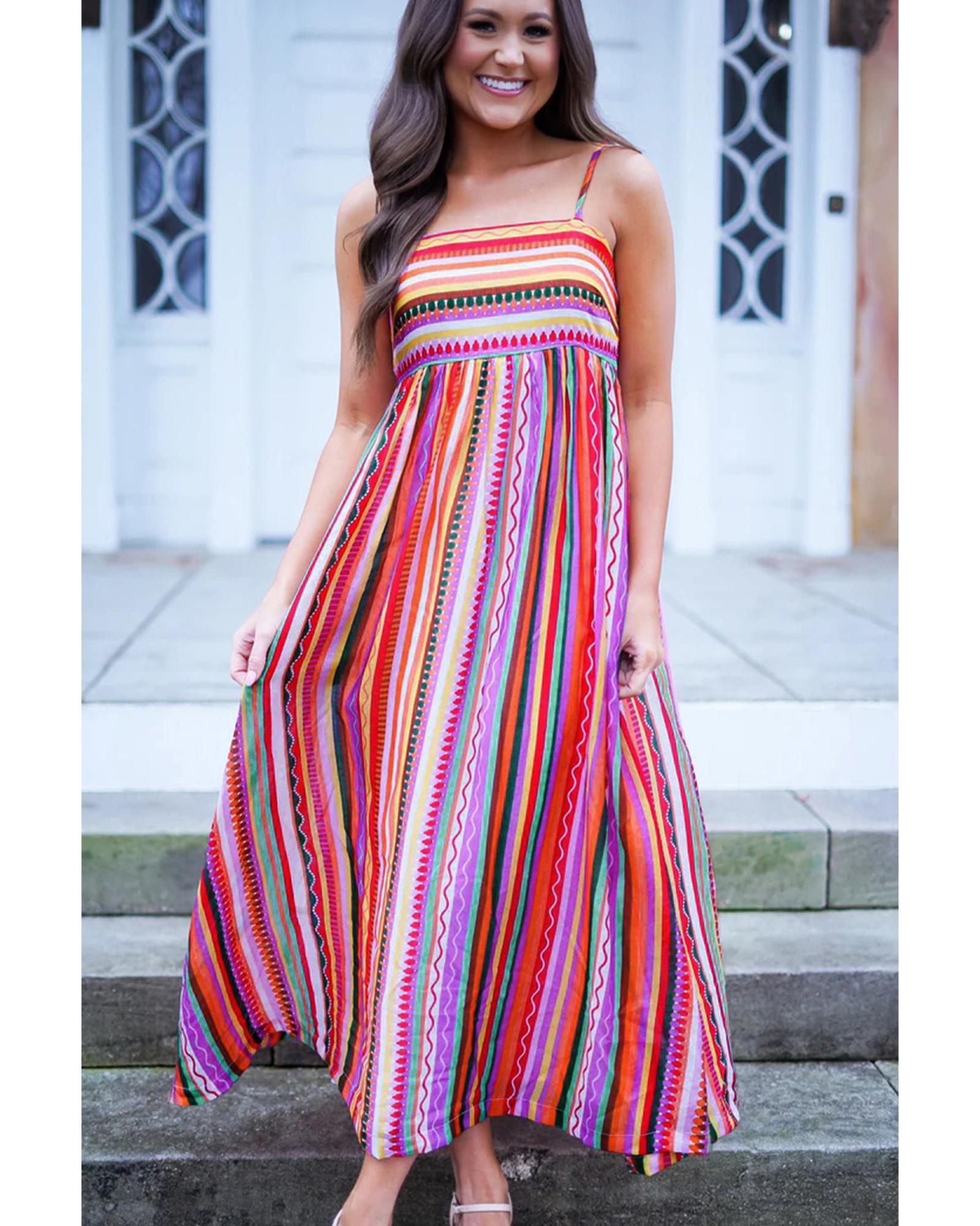Multicolour Striped Thin Straps Smocked Back Boho Maxi Dress - L
