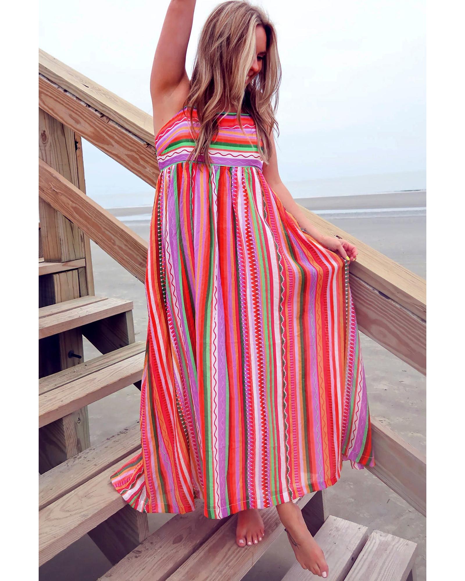 Multicolour Striped Thin Straps Smocked Back Boho Maxi Dress - L