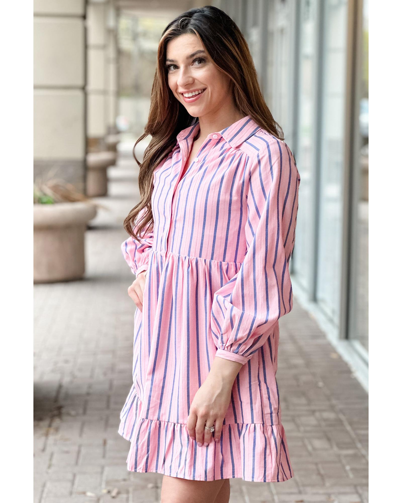 Pink Stripe Ruffled Hem Button-up Collared Shirt Mini Dress - XL