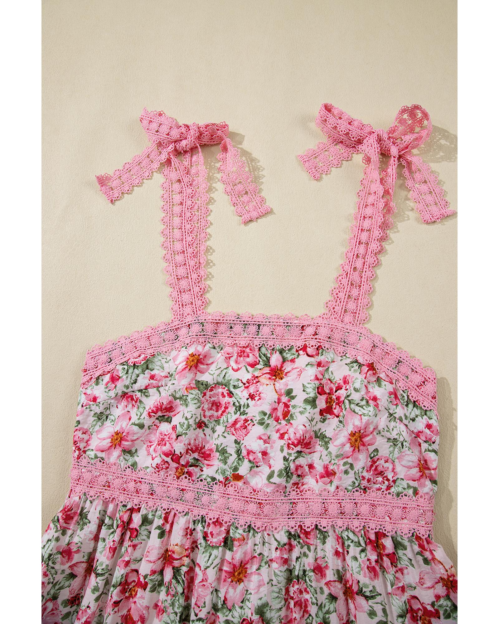 Pink Floral Lace Tied Strap Empire Waist Maxi Dress - XL