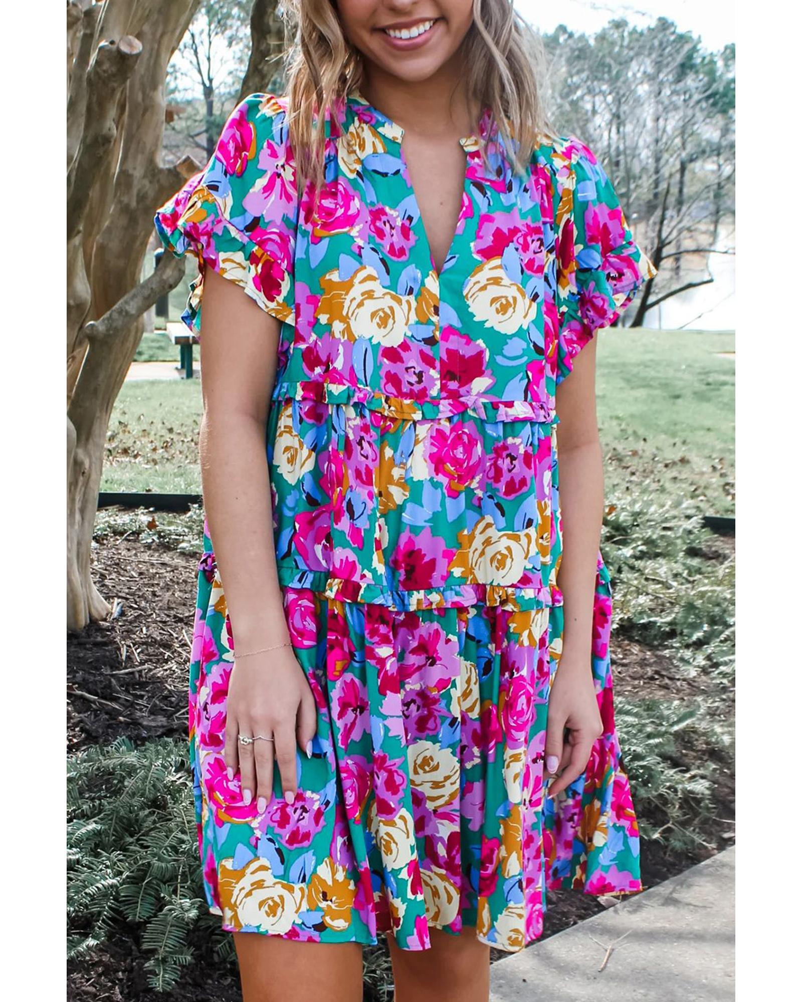 Green Rose Floral Print Ruffled Short Dress - M