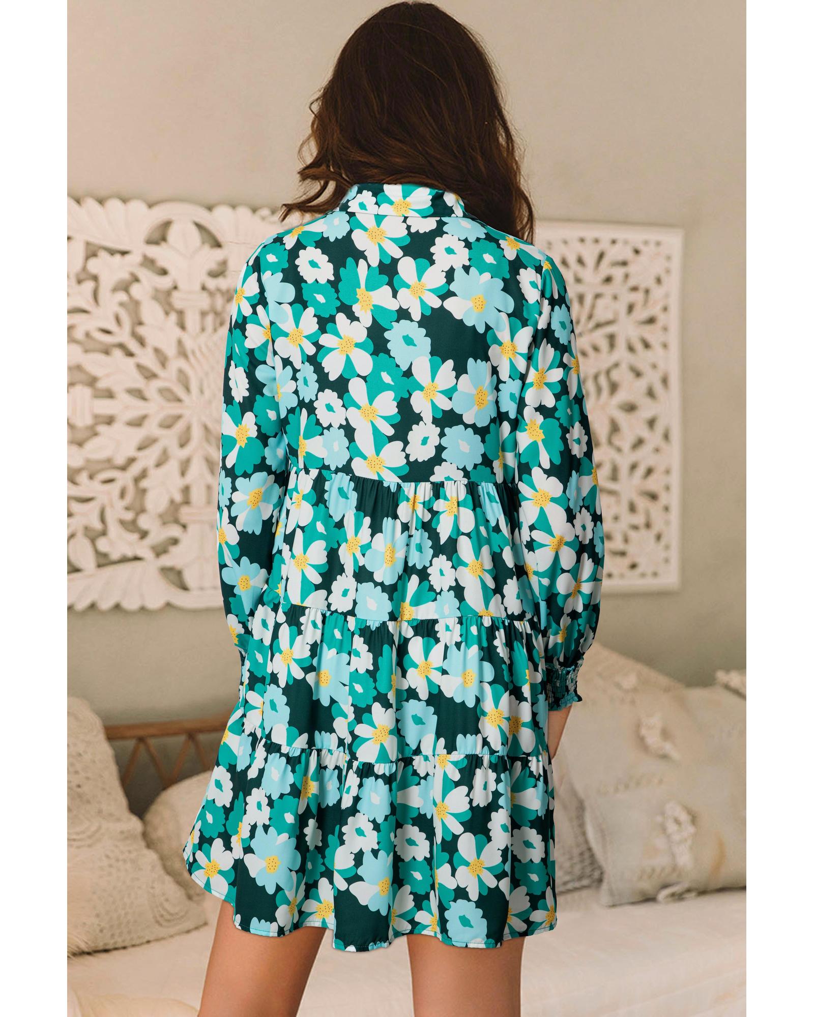 Green Floral Tiered Long Puff Sleeve Shirt Dress - M
