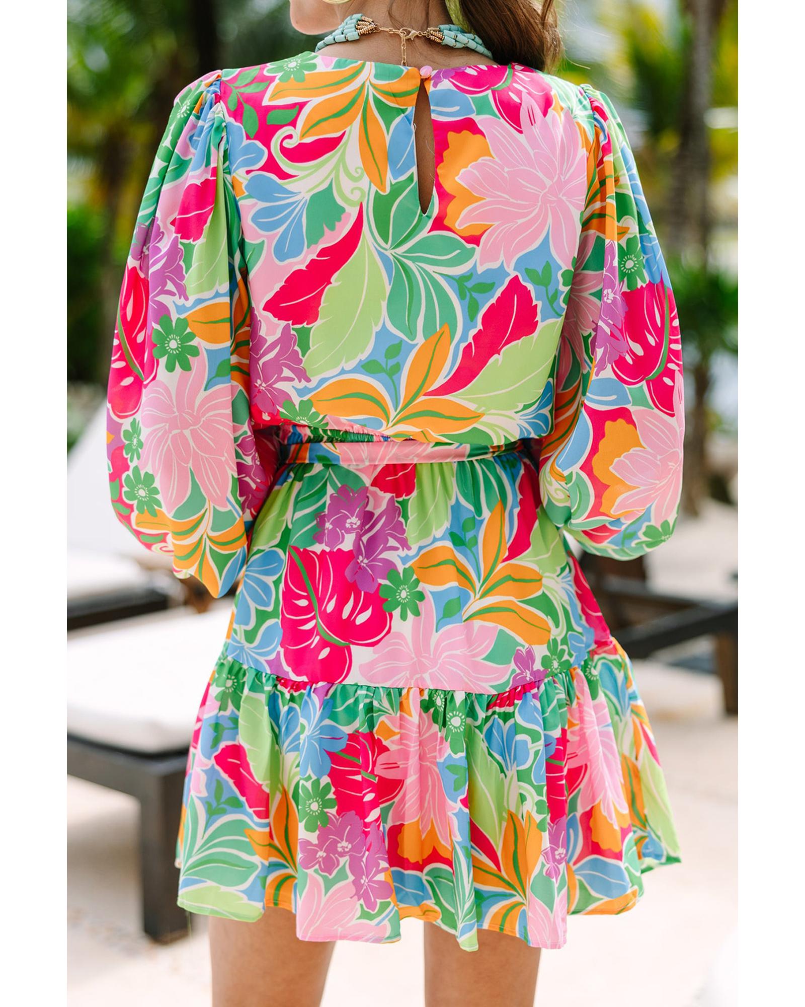 Green Multicolor Botanical Bubble Sleeve Mini Dress - L