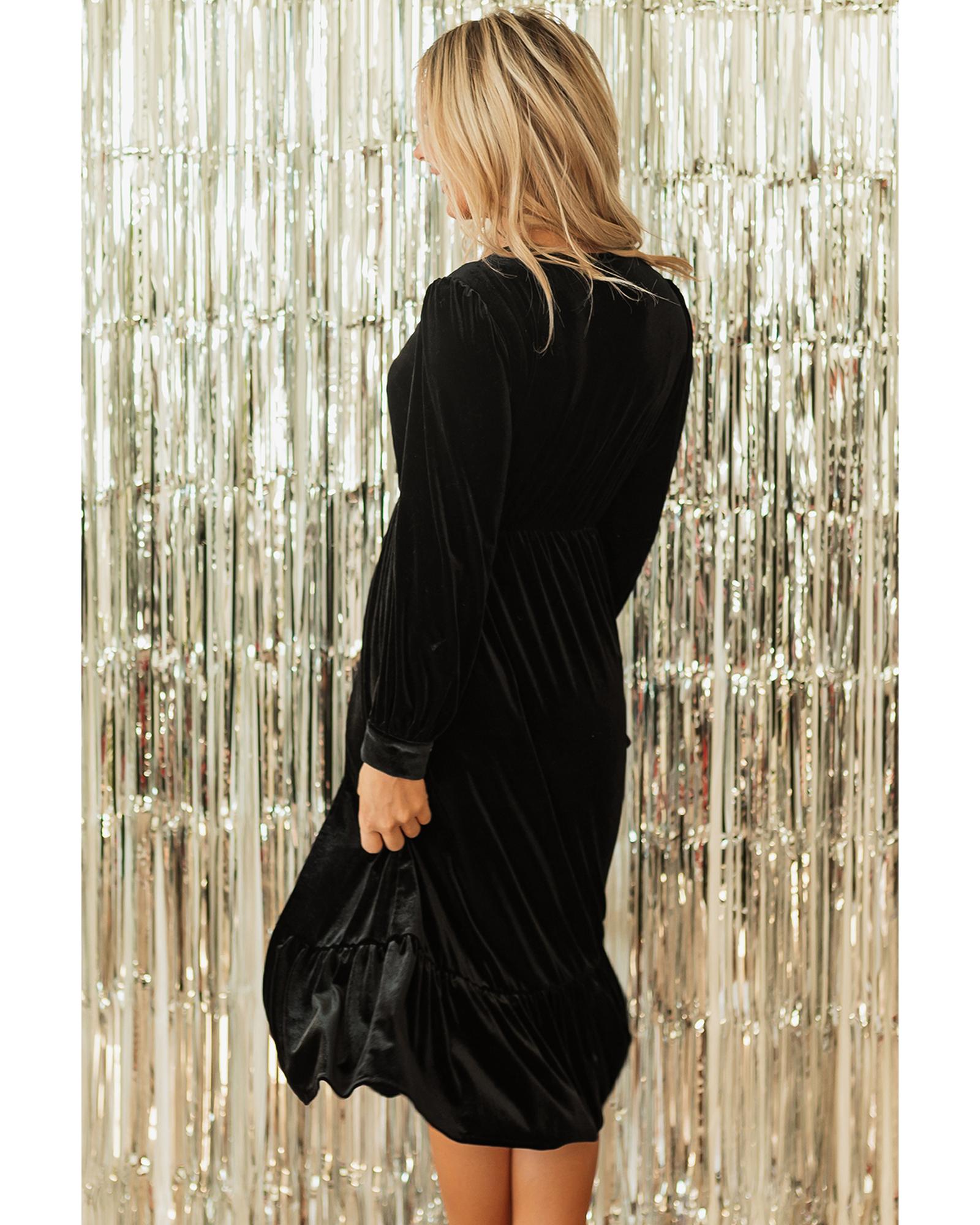 Black Velvet Buttoned Puff Sleeve V Neck Split Midi Dress - S