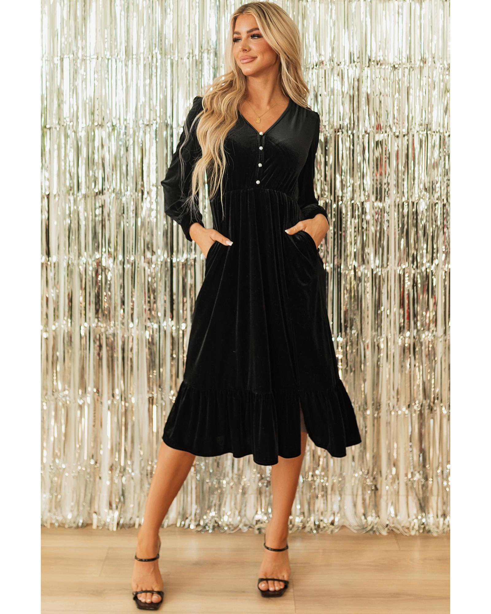 Black Velvet Buttoned Puff Sleeve V Neck Split Midi Dress - S