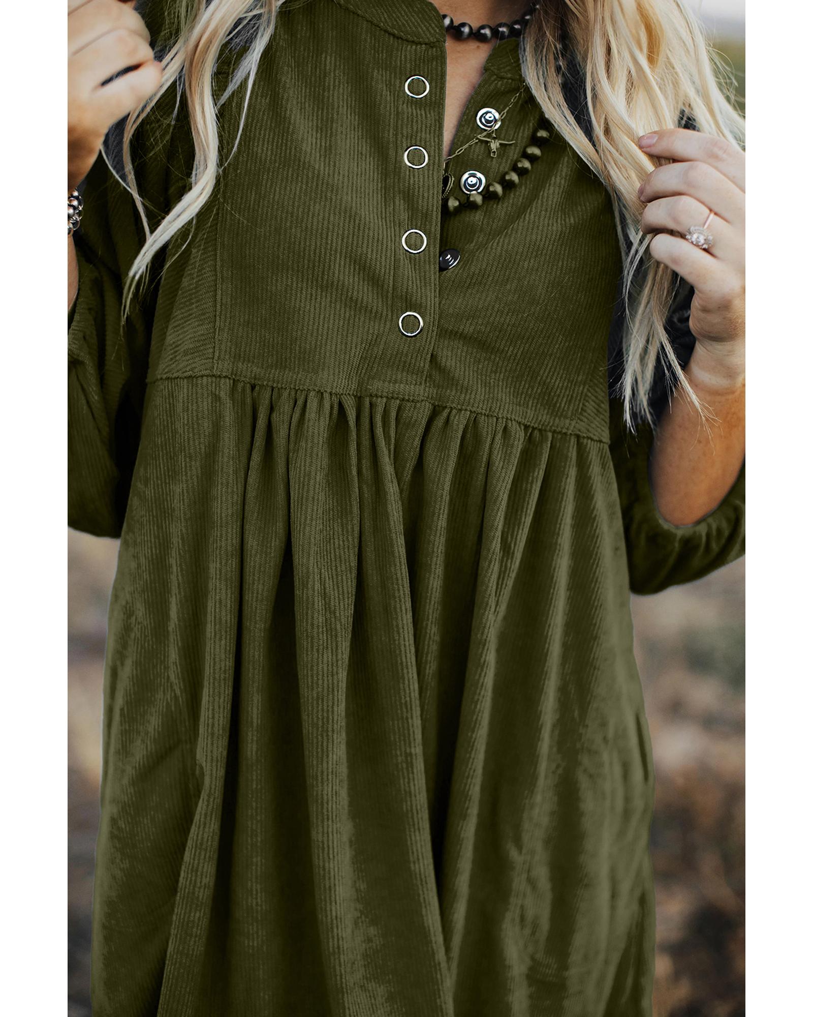 Vineyard Green Corduroy Snap Buttons Empire Waist Bracelet Sleeve Dress - M