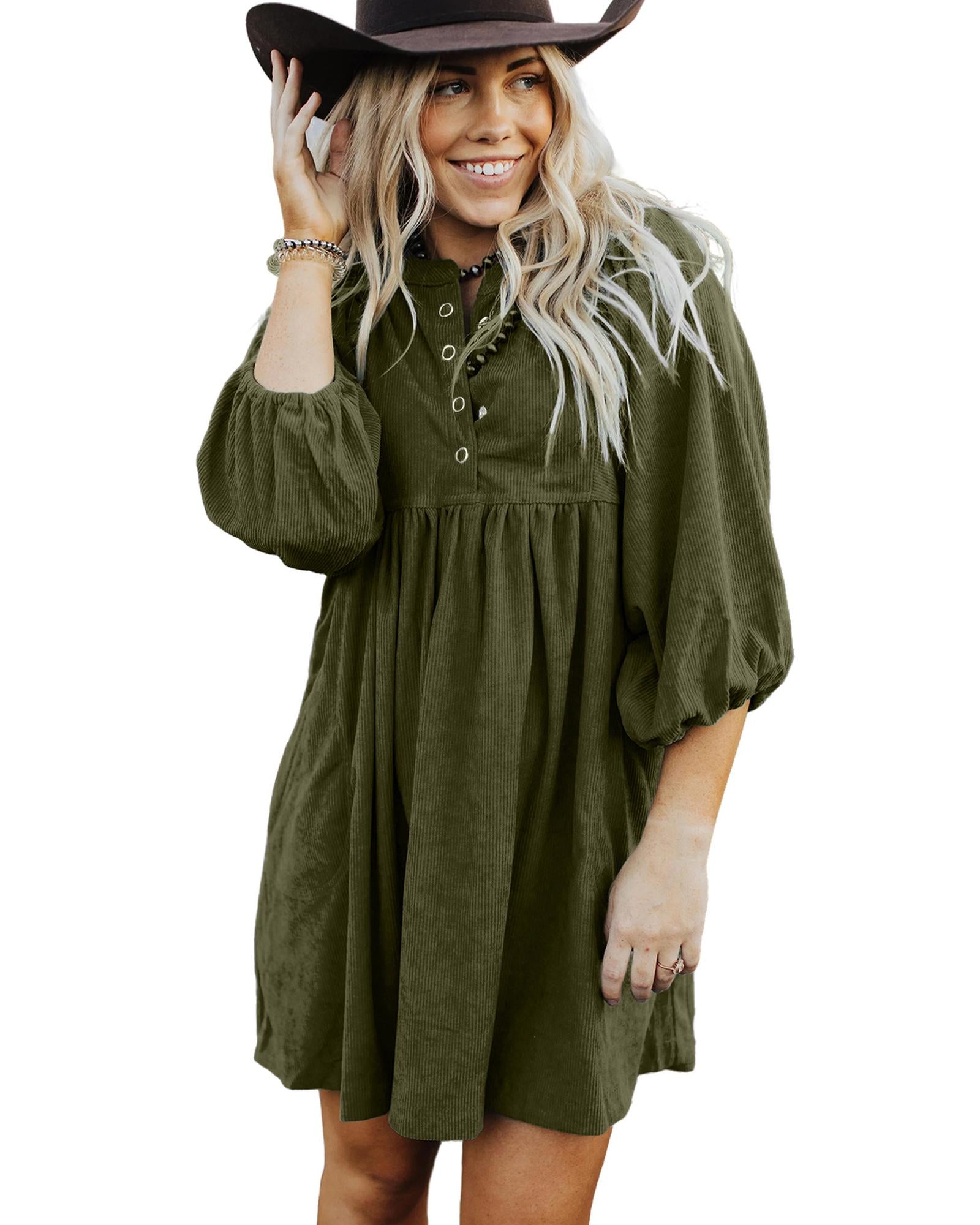 Vineyard Green Corduroy Snap Buttons Empire Waist Bracelet Sleeve Dress - S