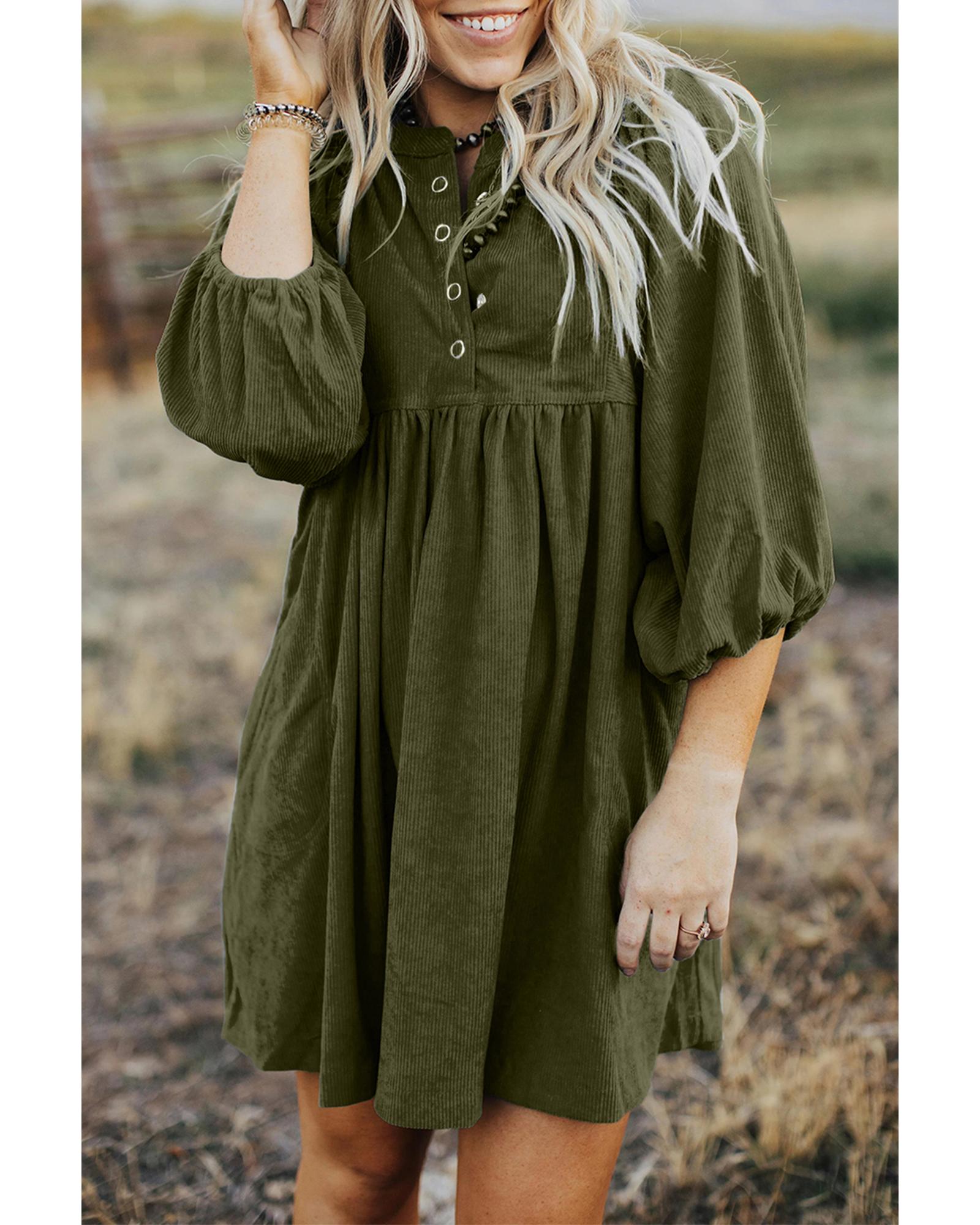 Vineyard Green Corduroy Snap Buttons Empire Waist Bracelet Sleeve Dress - XL