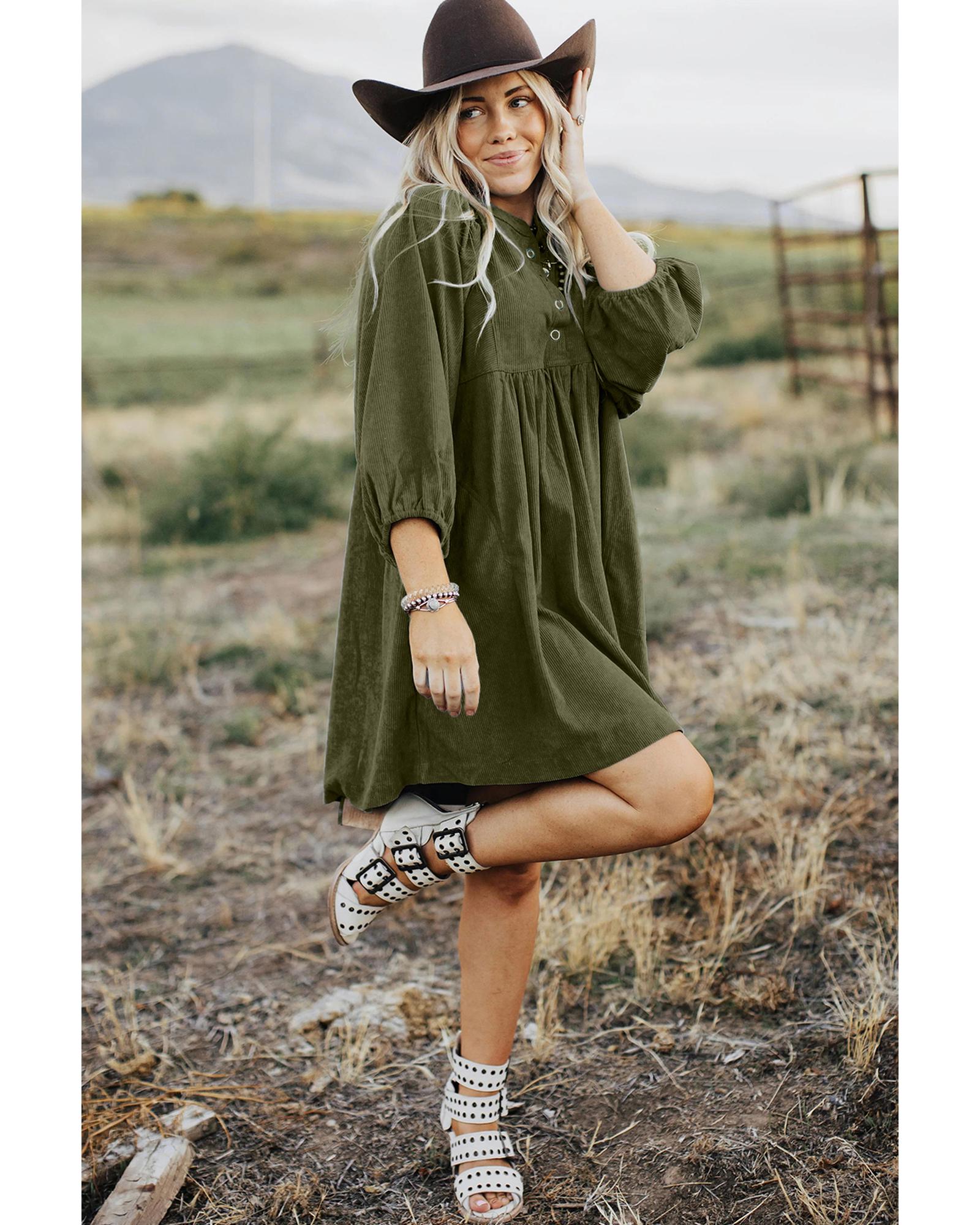 Vineyard Green Corduroy Snap Buttons Empire Waist Bracelet Sleeve Dress - XL