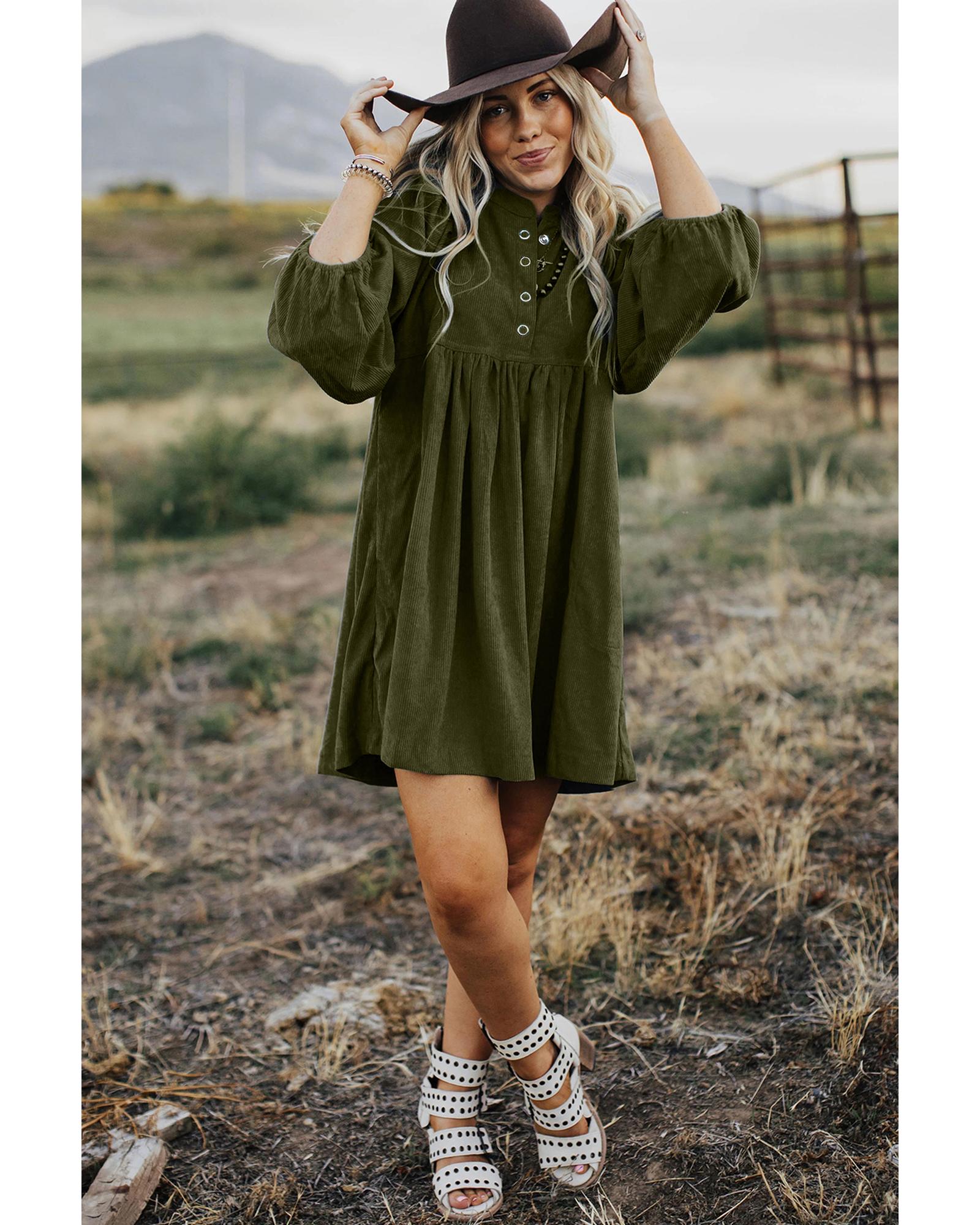 Vineyard Green Corduroy Snap Buttons Empire Waist Bracelet Sleeve Dress - XL