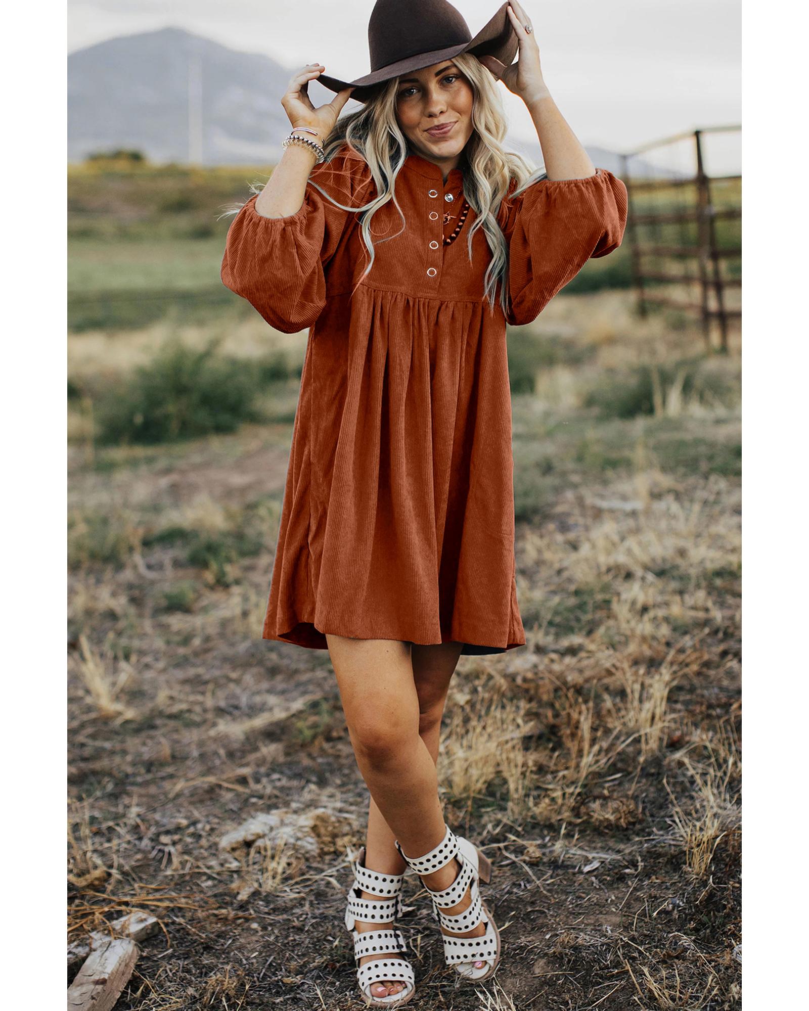 Gold Flame Corduroy Snap Buttons Empire Waist Bracelet Sleeve Dress - L