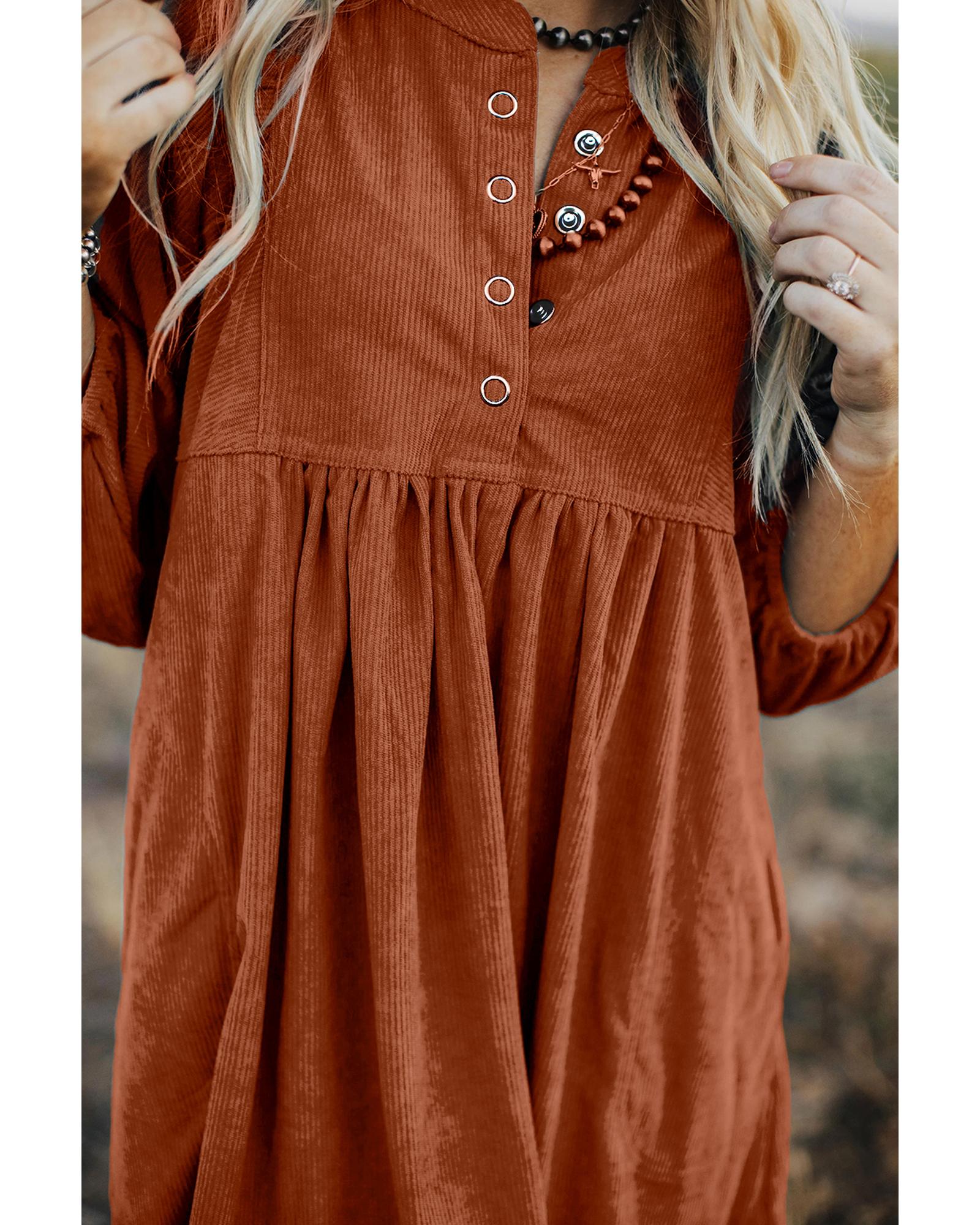 Gold Flame Corduroy Snap Buttons Empire Waist Bracelet Sleeve Dress - L