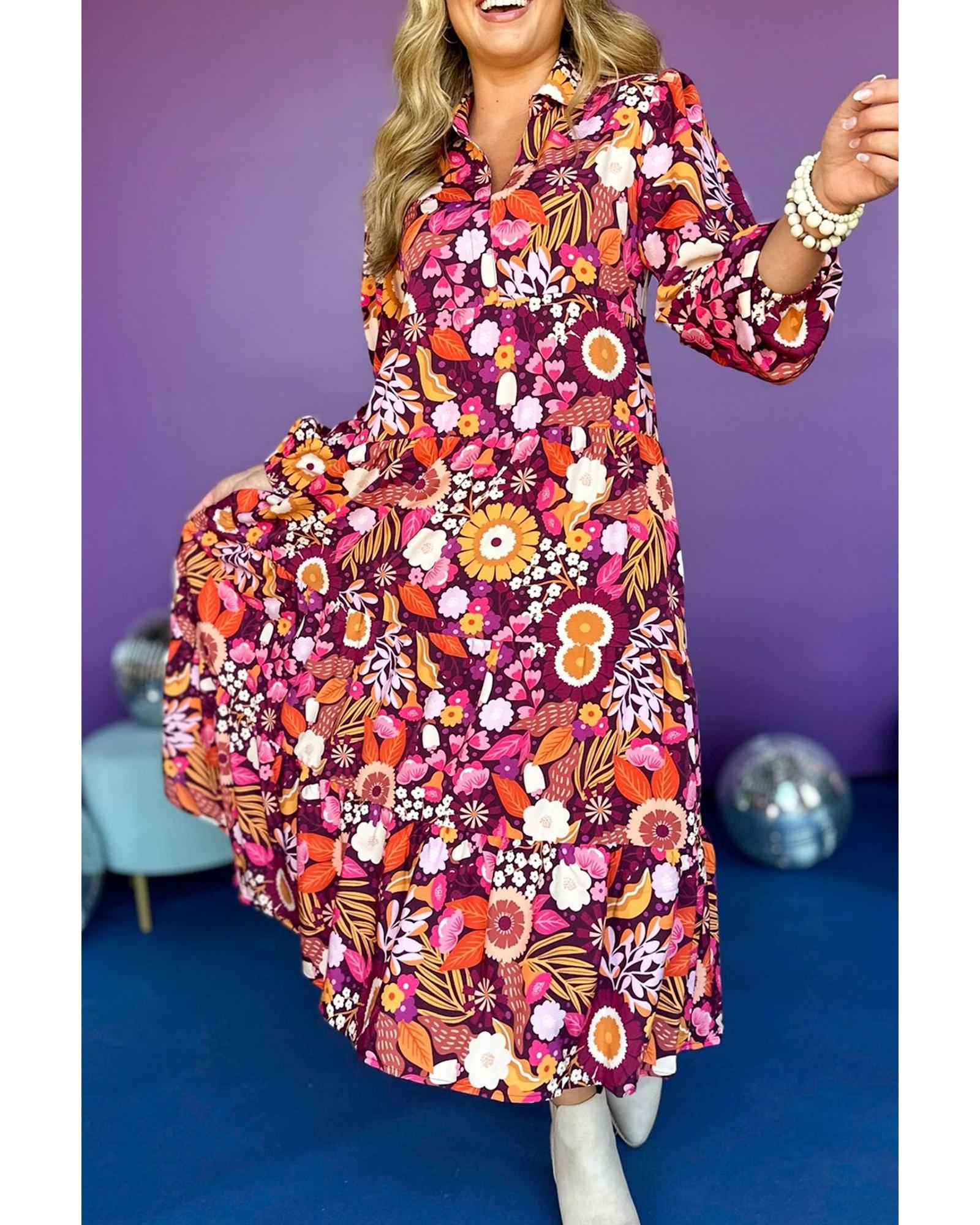 Purple Collared Tiered Flowy Long Dress - M