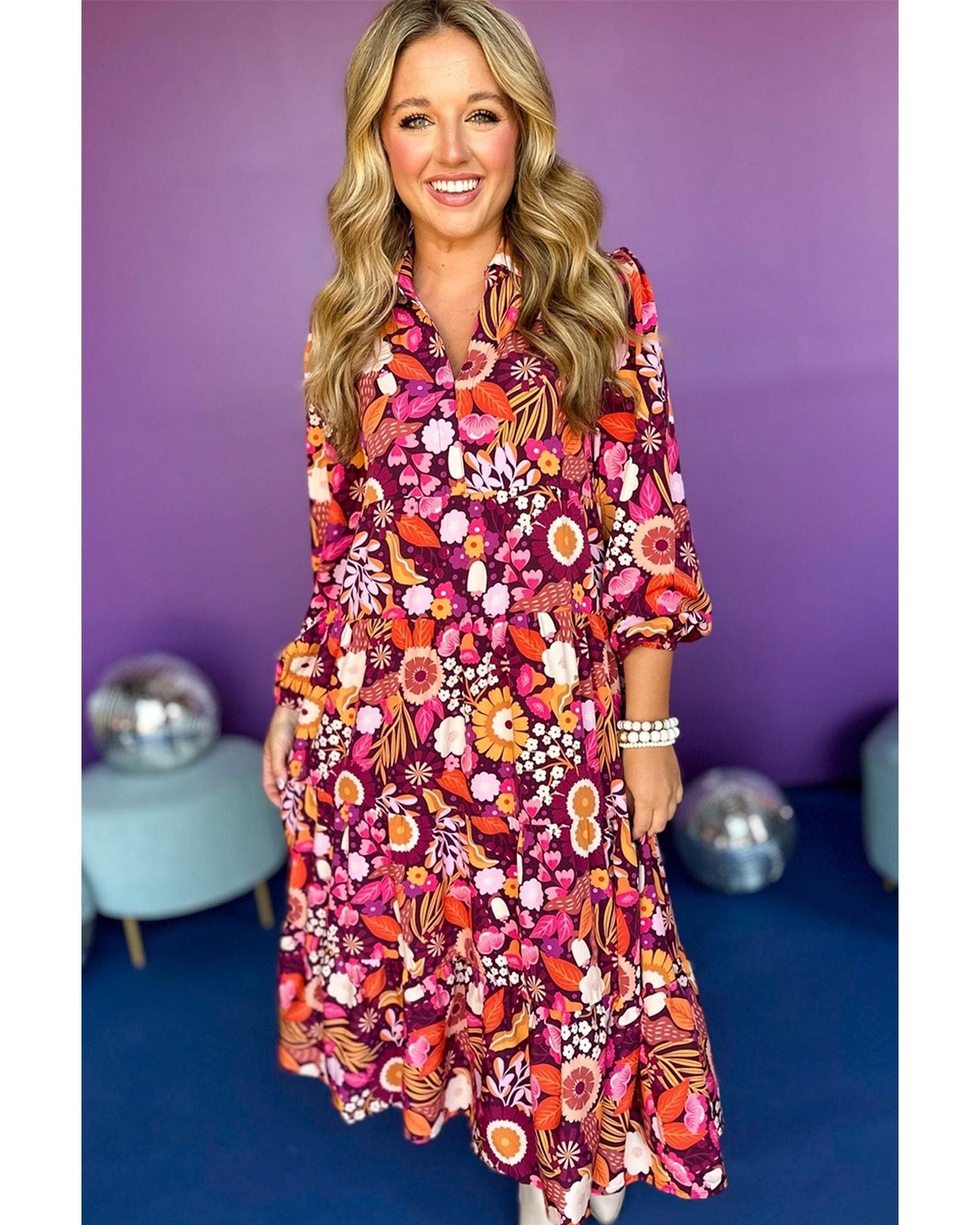 Purple Collared Tiered Flowy Long Dress - M